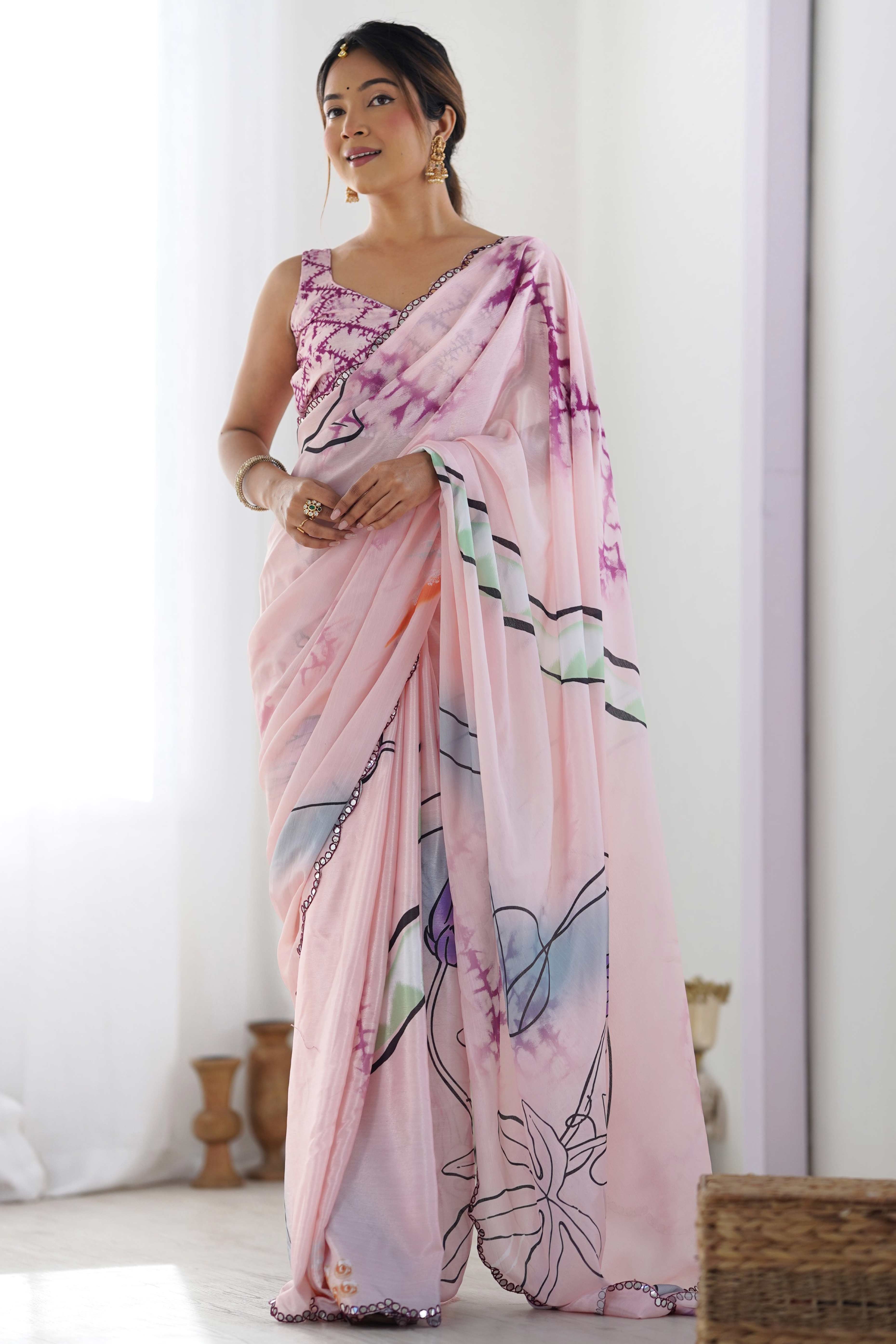 Peachmode Light Pink Abstract Printed Chinon Saree