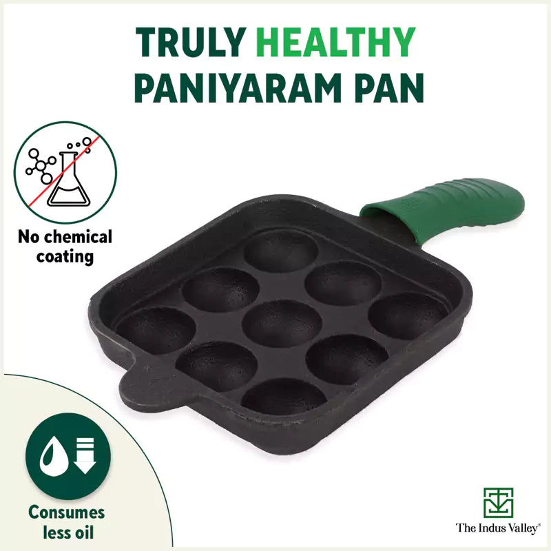 The Indus Valley 9 Pit/Cup CASTrong Cast Iron Paniyaram/Appe Pan+ Cool Silicone Grip, Pre-seasoned, Nonstick, 100% Pure, Toxin-free, 18cm, 2.4 kg - view 4