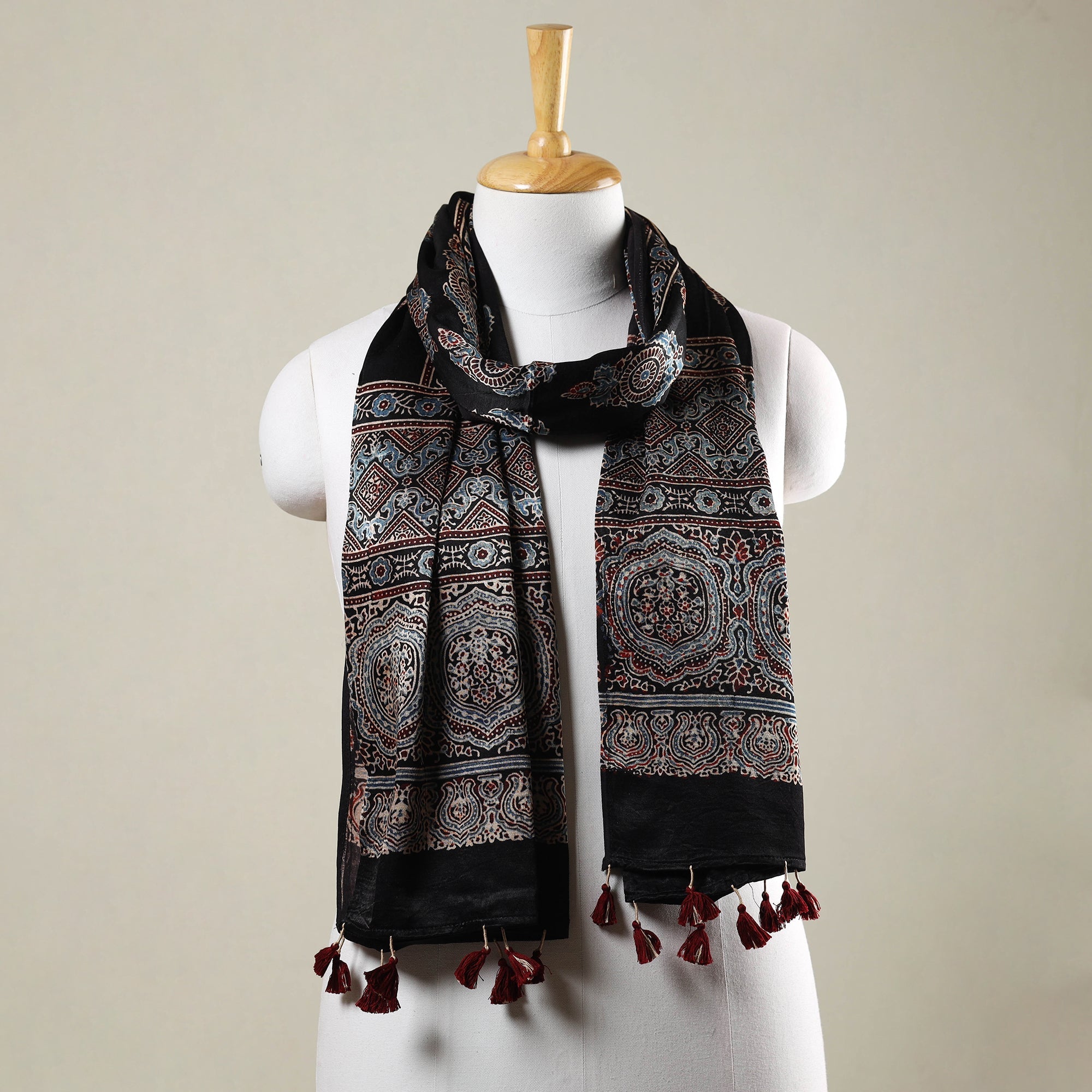 RIYAZ ABDULMAJID KHATRI - AJRAKH Black - Ajrakh Hand Block Printed Mashru Silk Stole with Tassels