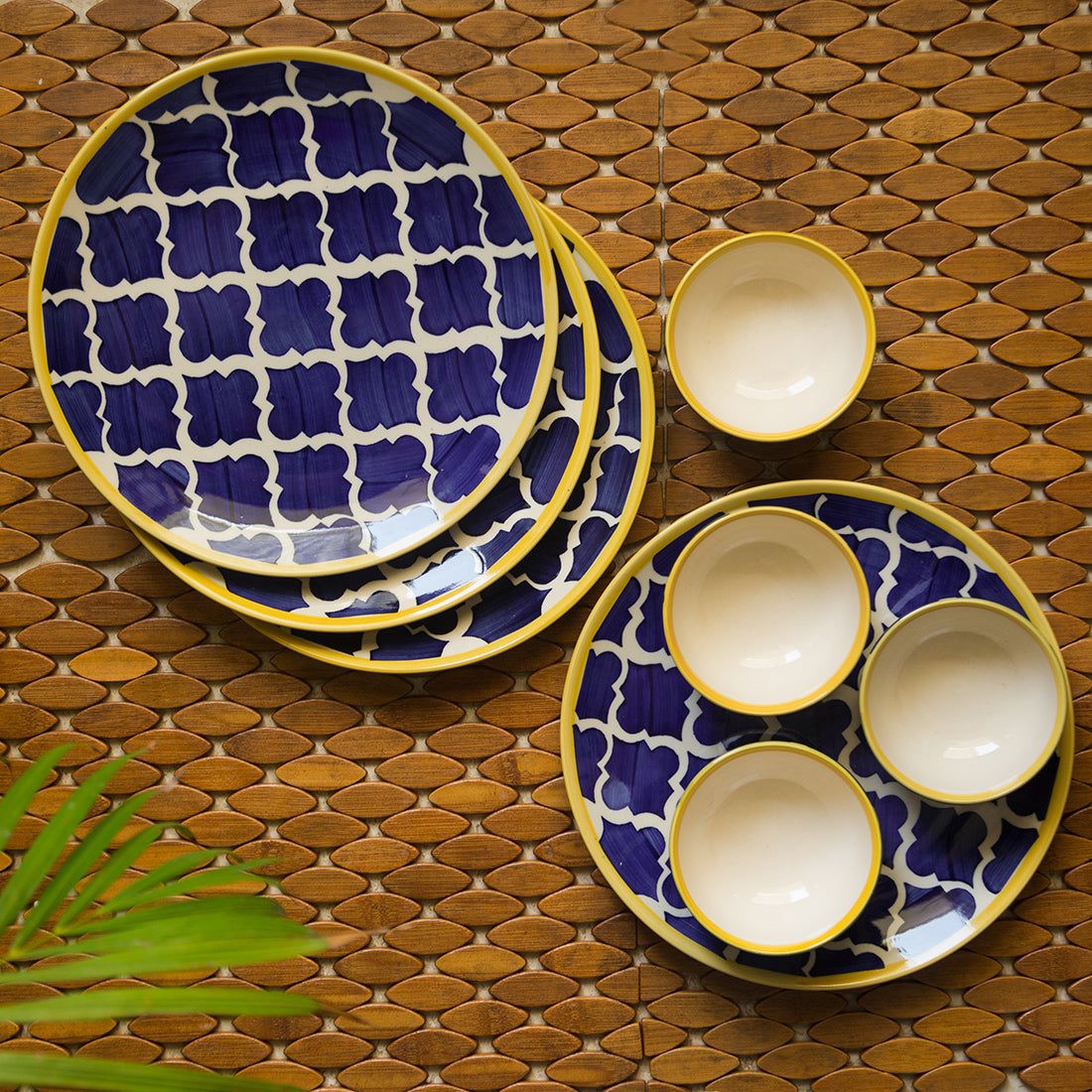 EXCLUSIVELANE Blue - 'Moroccan Dining' Handpainted Ceramic Dinner Plates With Katoris (8 Pieces, Serving for 4) - view 2