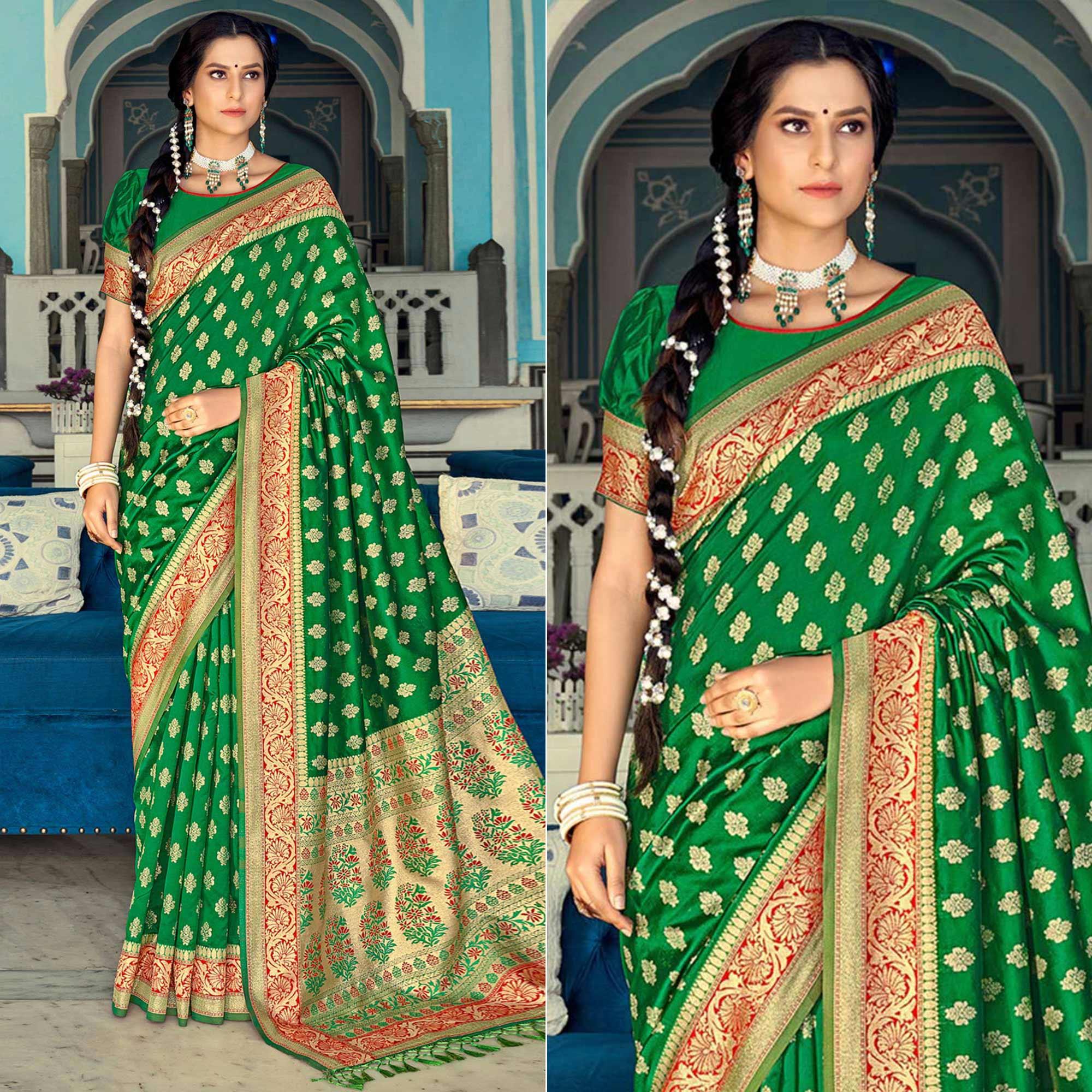 Green sarees – BlackTree green-festive-wear-woven-banarasi-silk-saree-138072