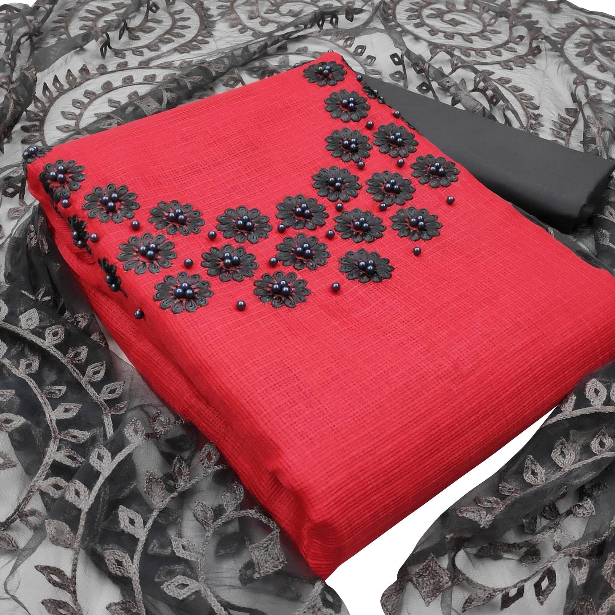 Peachmode Ideal Coral Red Colored Casual Wear Embroidered Kota Silk Dress Material