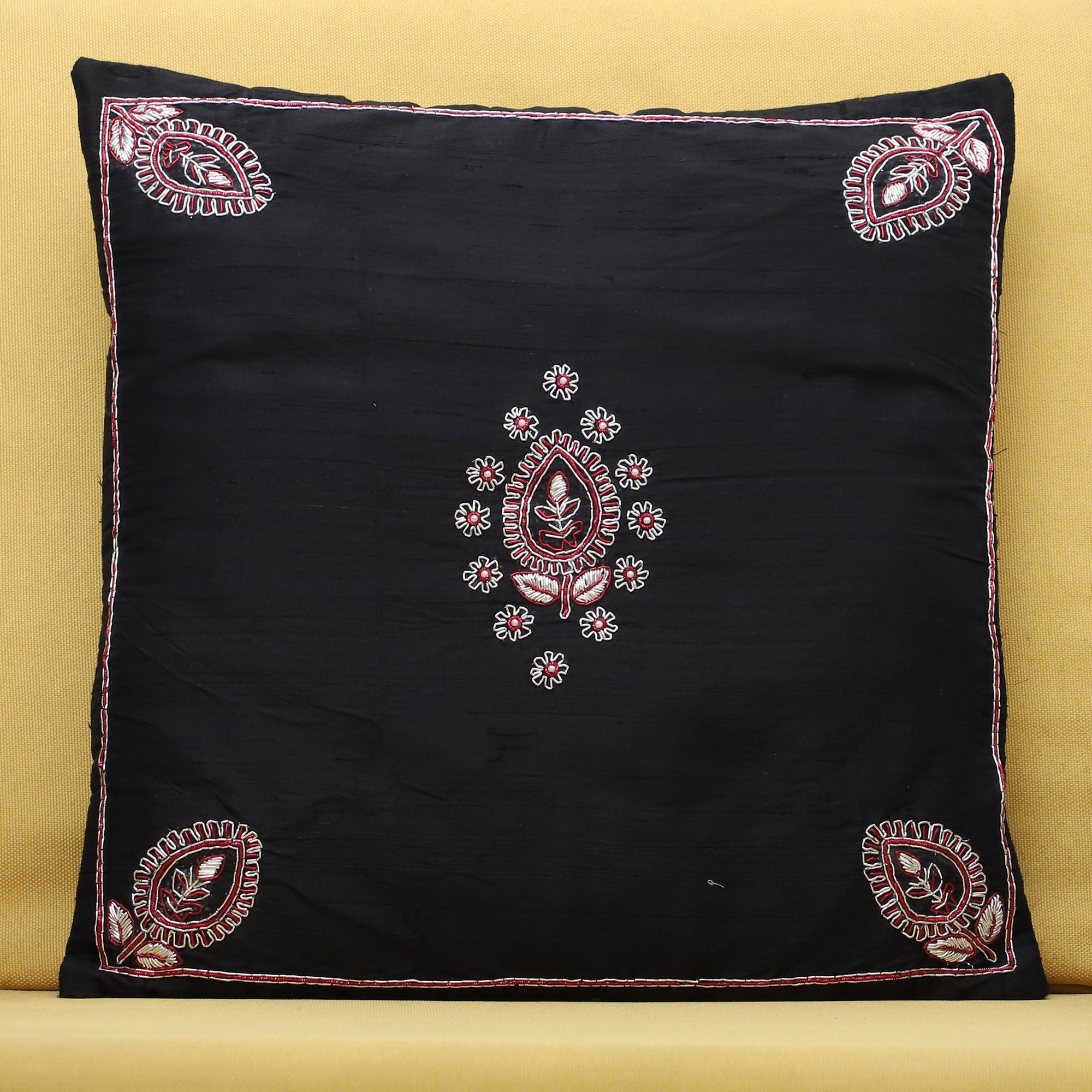 TICS Black - Leaf Butas - Zardozi Hand Embroidered Raw Silk Cushion Cover - view 2