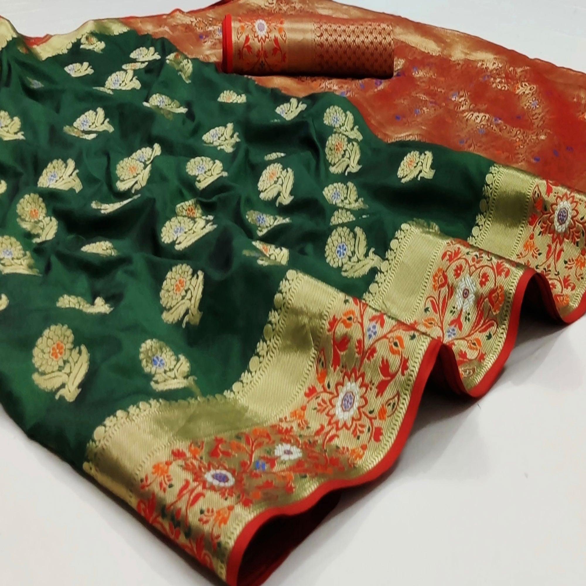 Peachmode Bottle Green Festive Wear Floral Woven Soft Silk Saree With Jacquard Border