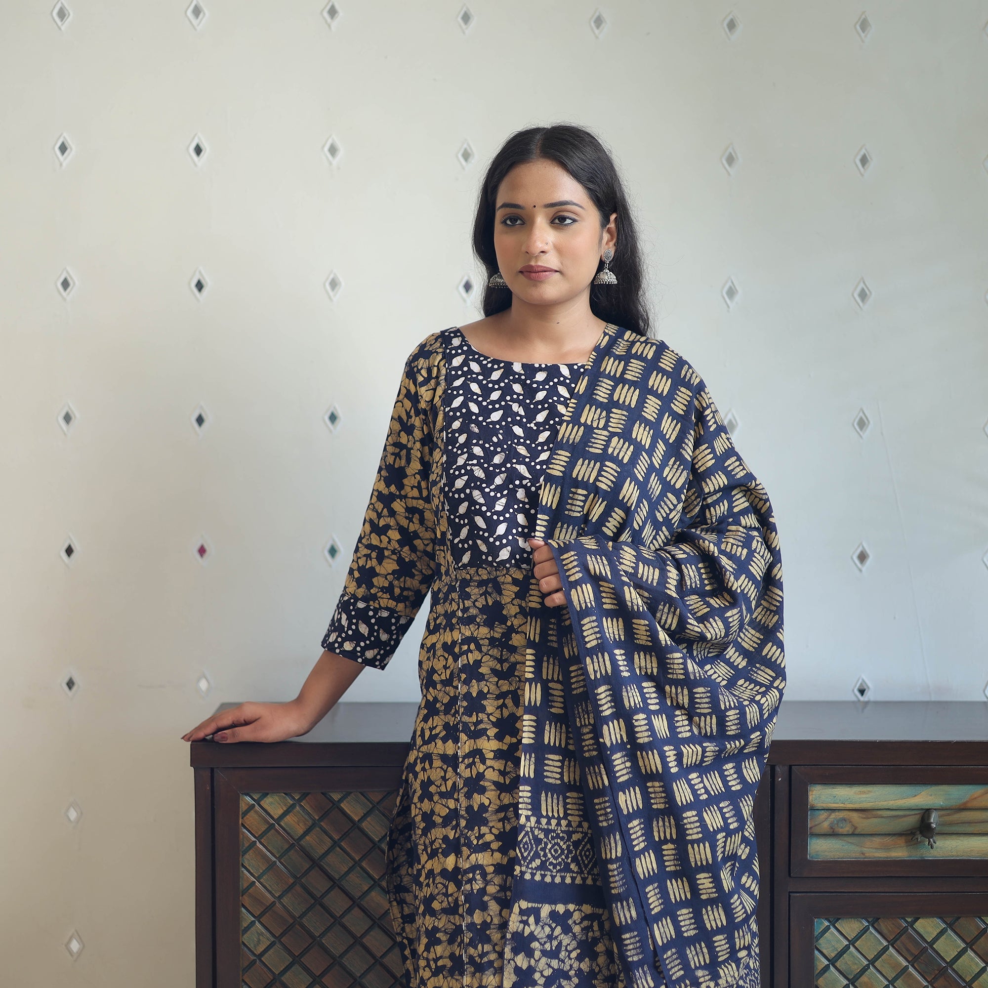ITOKRI CASUALS Blue - Batik Print Cotton Kurta with Palazzo & Dupatta Suit Set 03