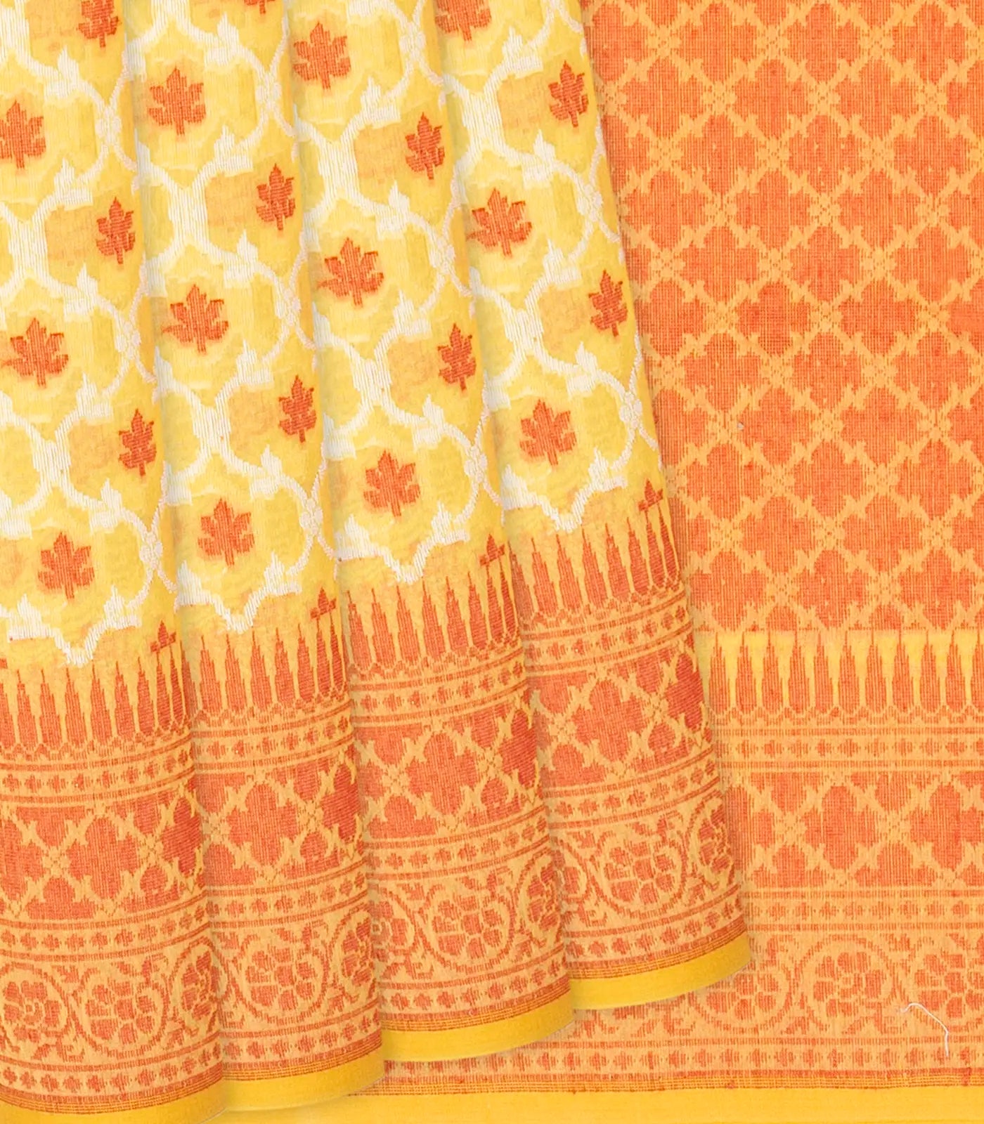 RmKV Yellow Handloom Banarasi Cotton Saree With Floral Jaal Motifs-Yellow