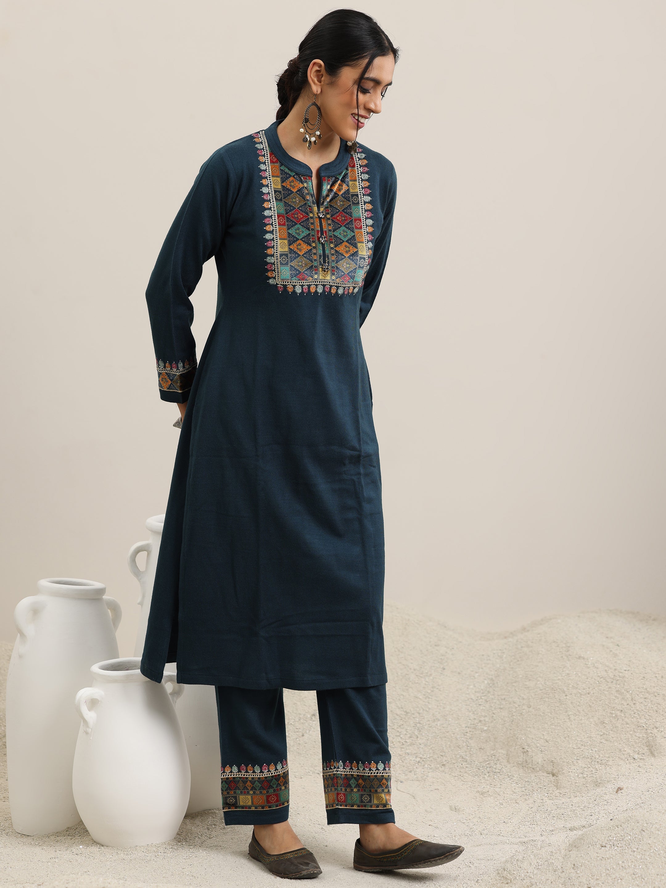 Libas Blue Yoke Design Wool Blend Straight Suit With Dupatta - view 2