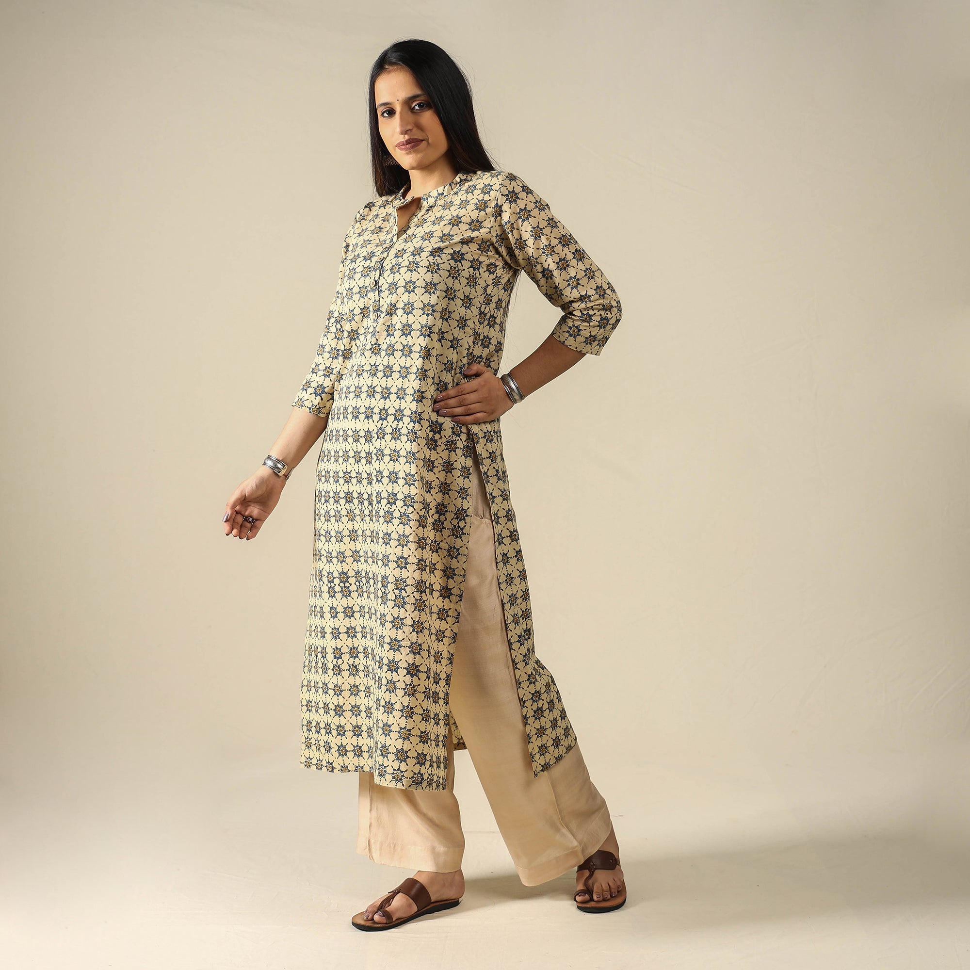 ITOKRI CASUALS Beige - Ajrakh Block Printed Cotton Long Kurta - view 3