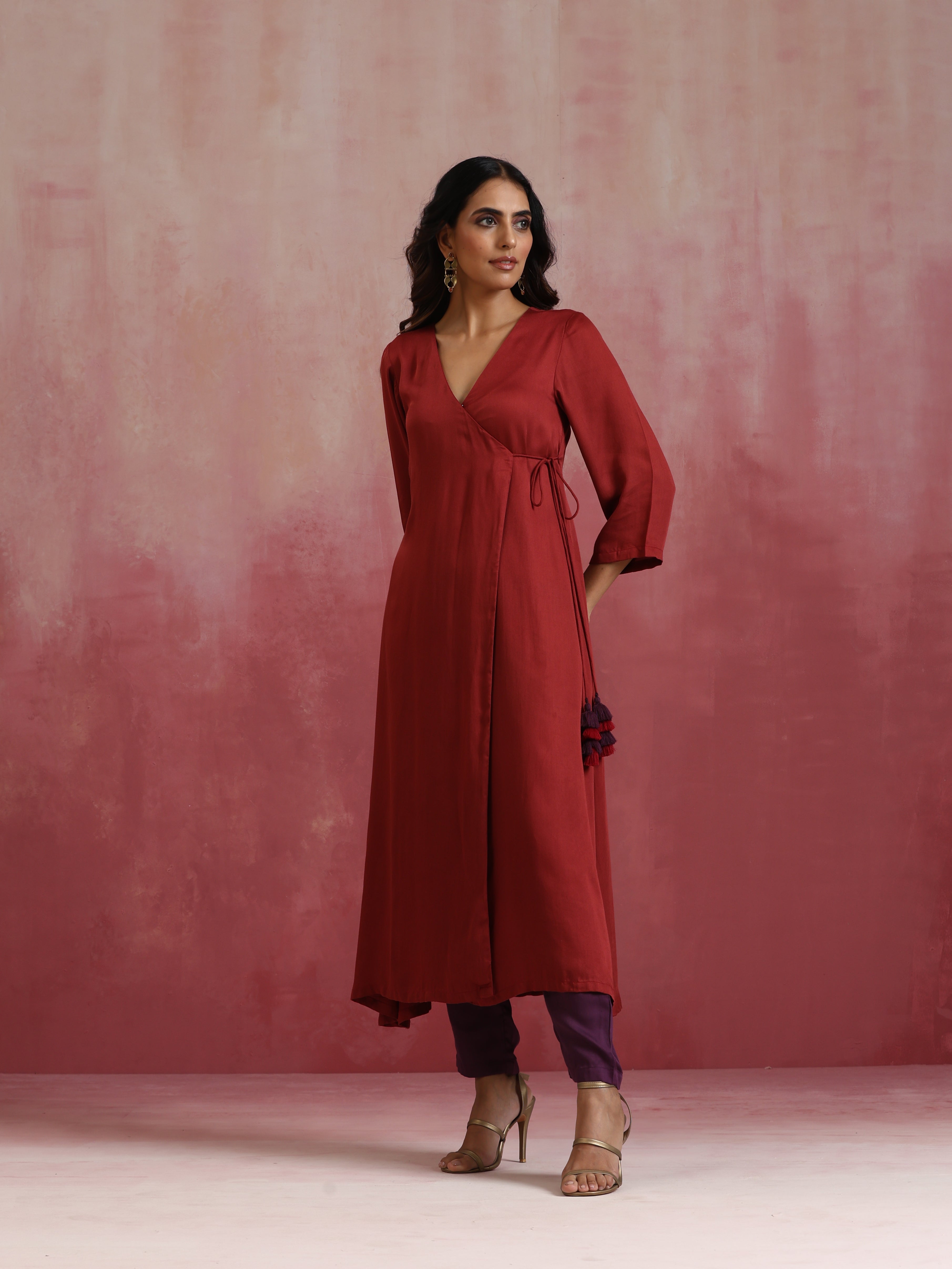 trueBrowns Maroon Modal Angrakha Kurta Set - view 2