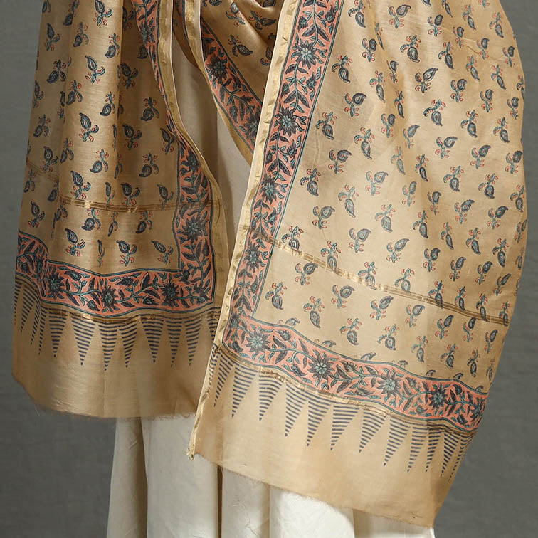 BAGRU DABU PRINTS Beige - Block Printed Chanderi Silk Sanganeri Dupatta 67 - view 4