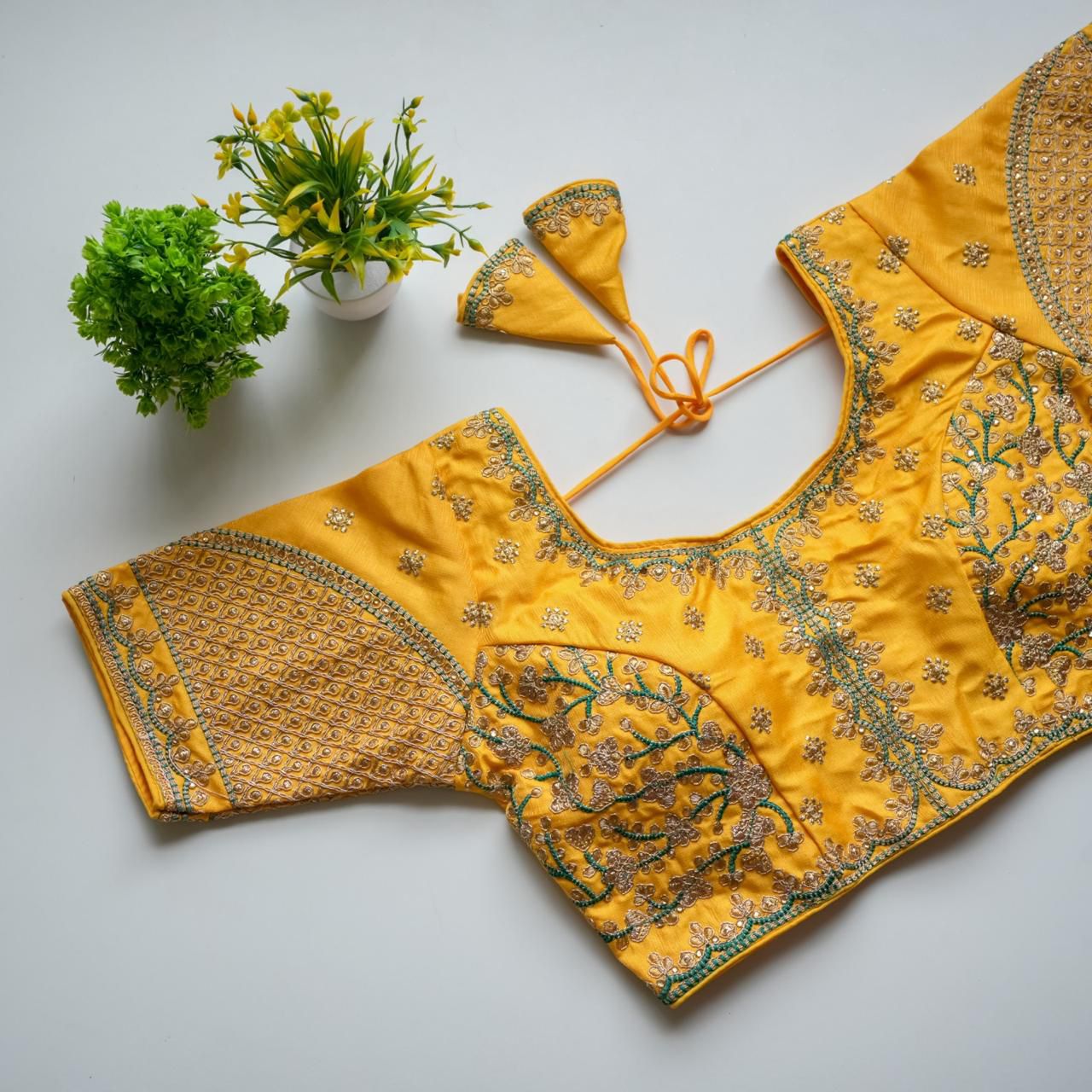 ClothsVilla Yellow Mulmul Silk Blouse with Golden Embroidery and Sequins - view 2