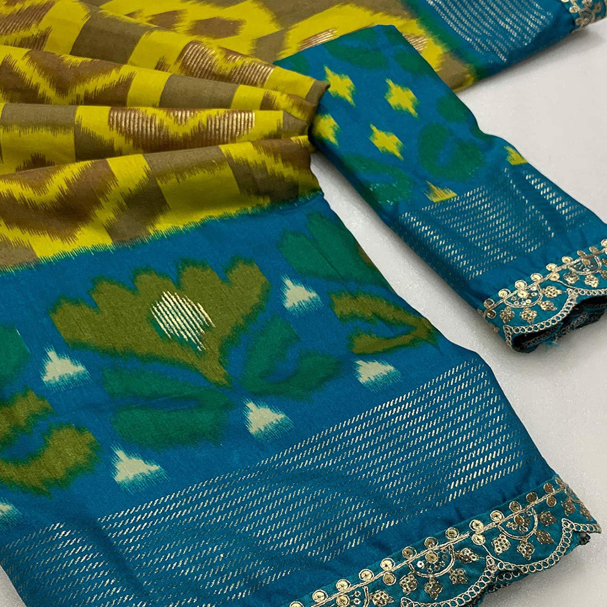 Peachmode Lemon Yellow Ikkat Printed Dola Silk Saree With Sequins Embroidery Border - view 2