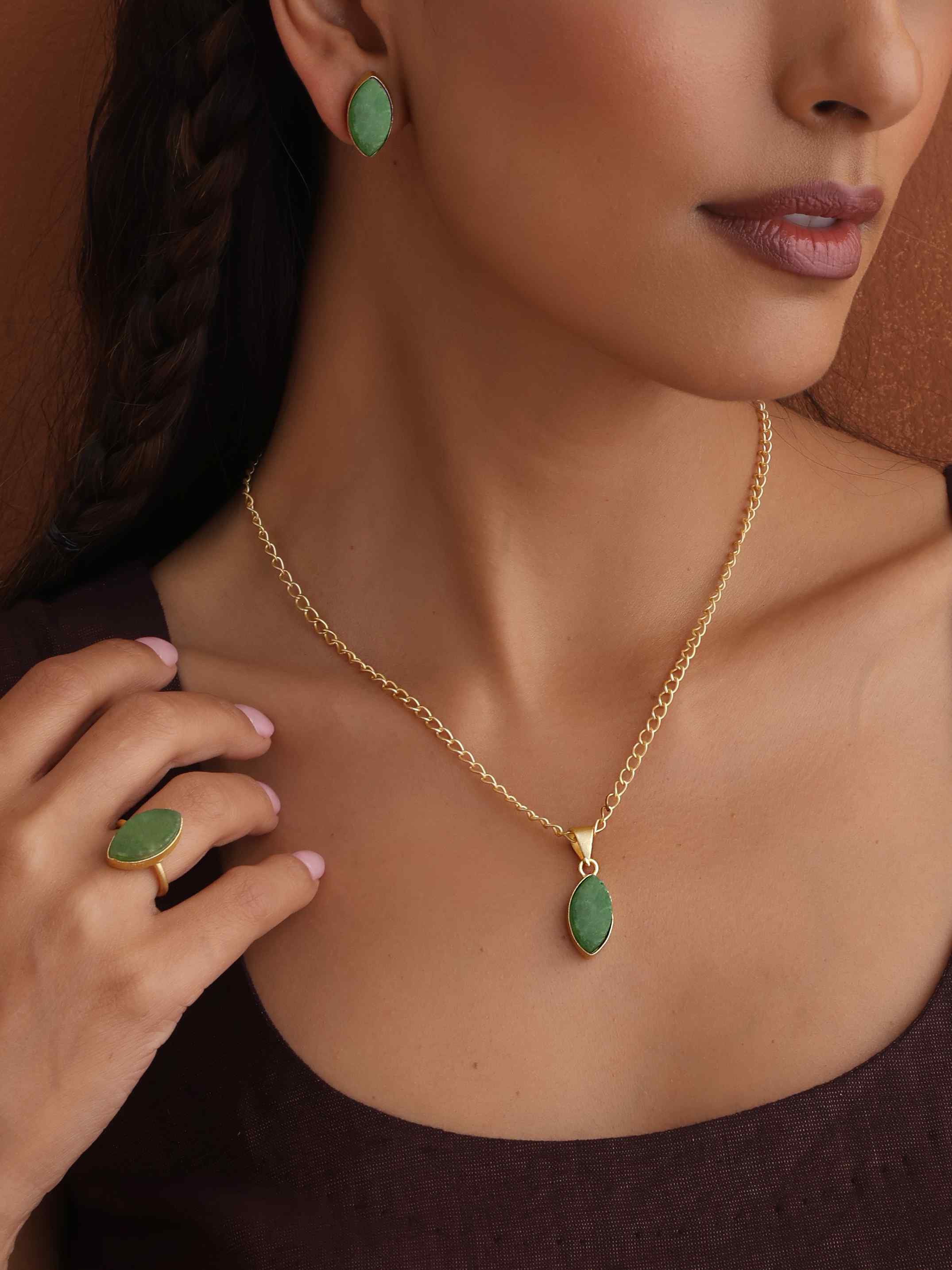 trueBrowns Gold Tone Green Stone Pendant Set - view 2