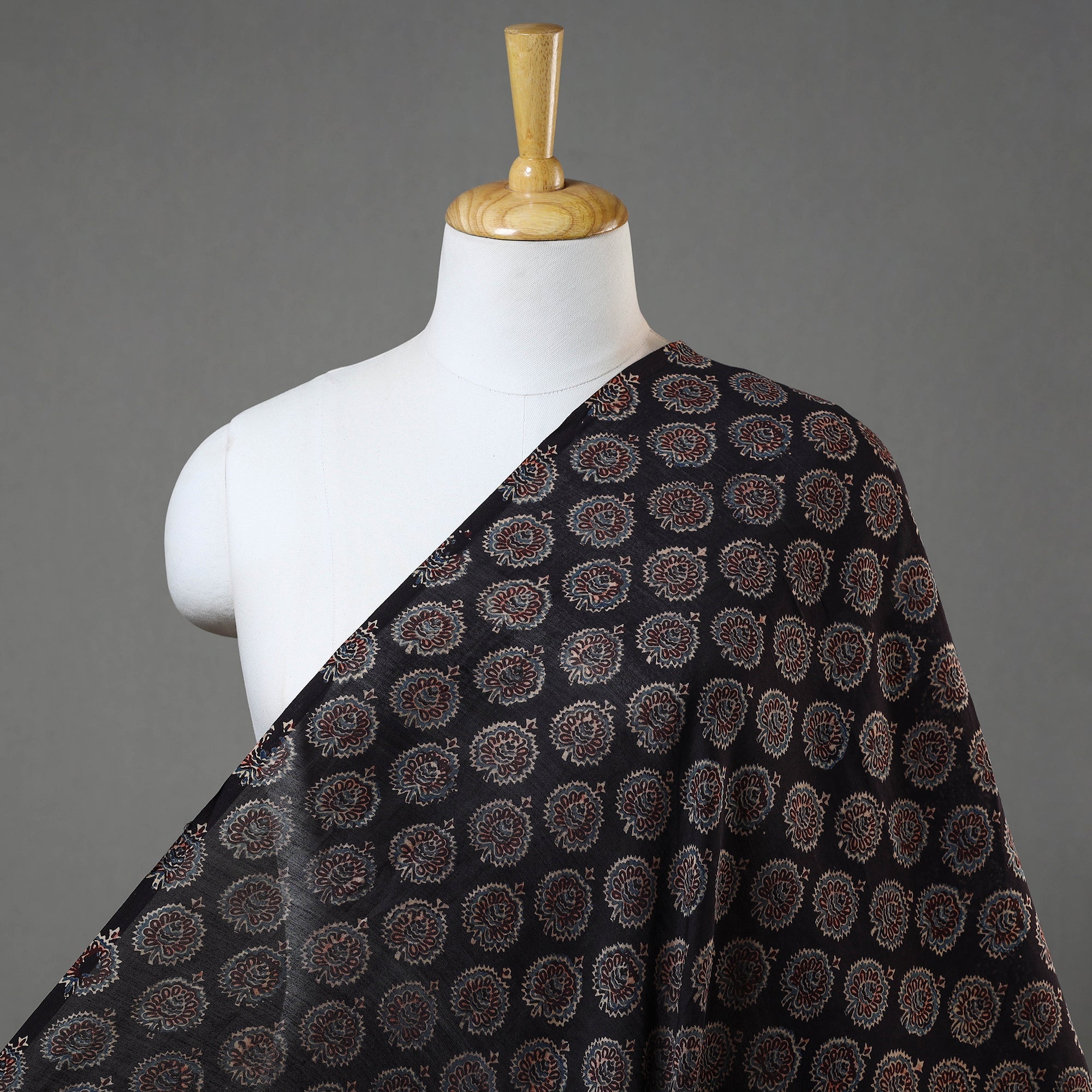 KACHCHH JI CHHAAP Black - Ajrakh Block Printed Chanderi Silk Fabric 05