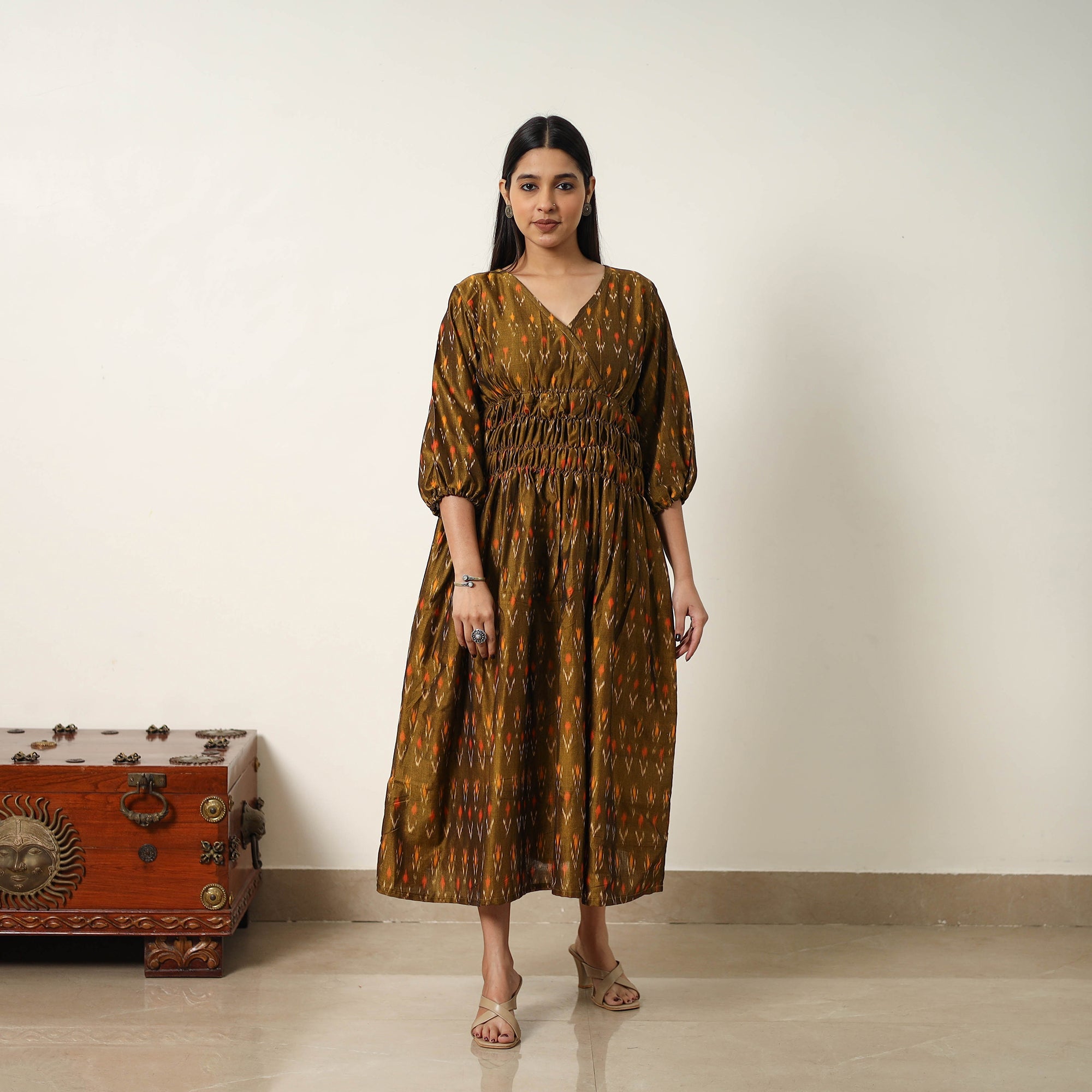 ITOKRI CASUALS Brown - Mercerized Cotton Flared Pochampally Ikat Dress 07 - view 2