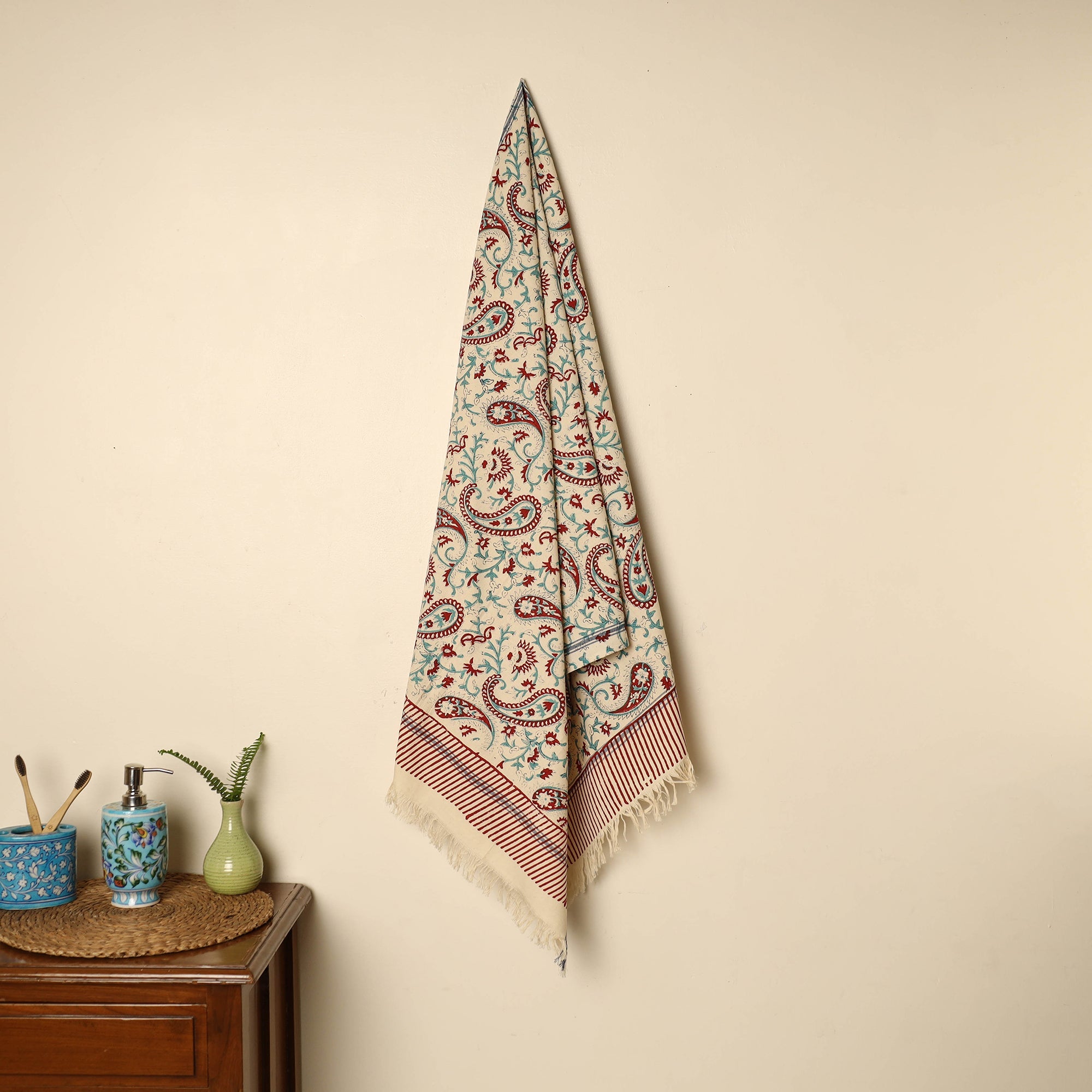 ARTISAN HAND BLOCK PRINTS Beige - Block Printed Handloom Cotton Sanganeri Towel 39