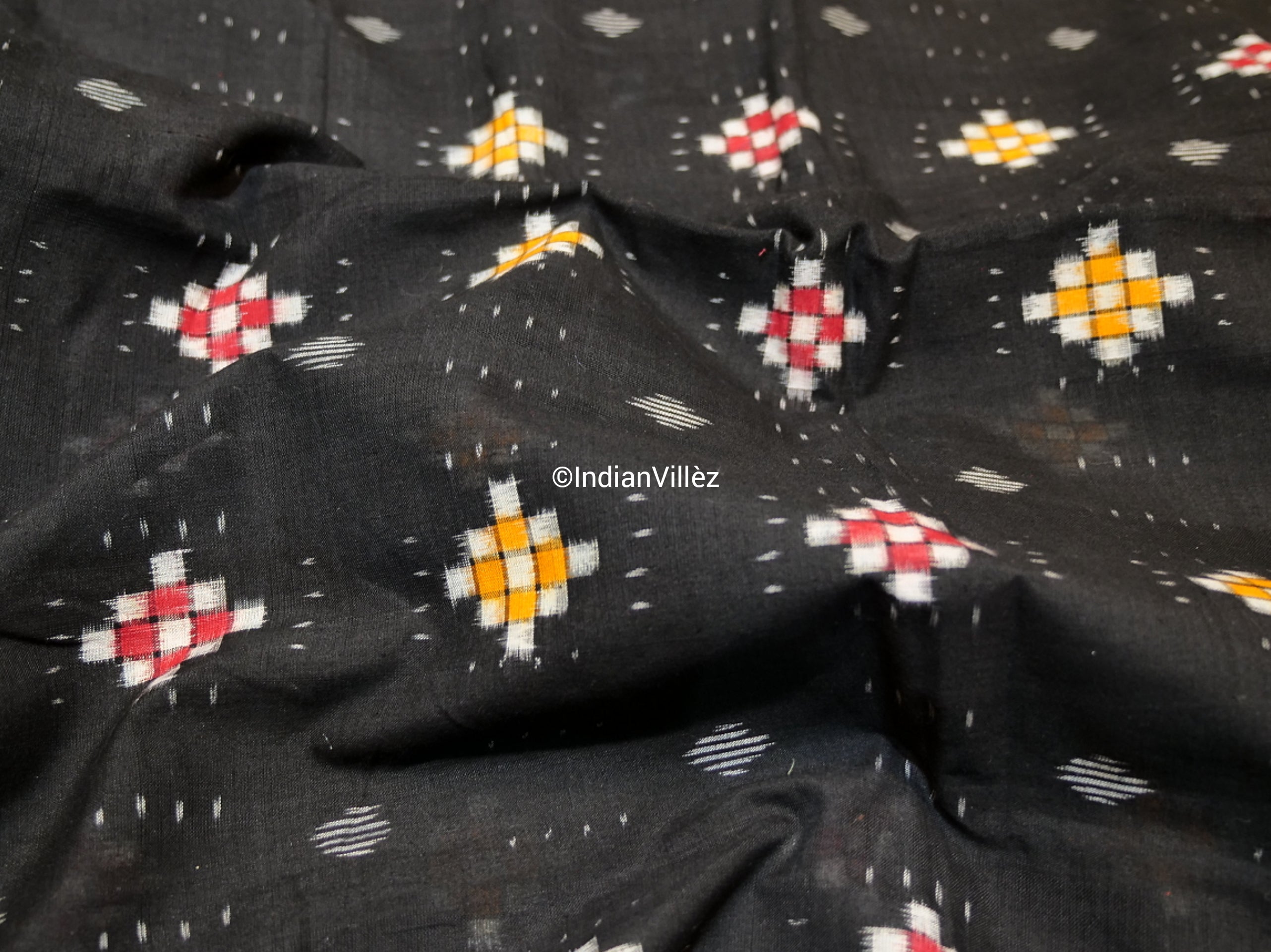 IndianVillèz Black Pasapalli Motif Cotton Ikat Handloom Fabric