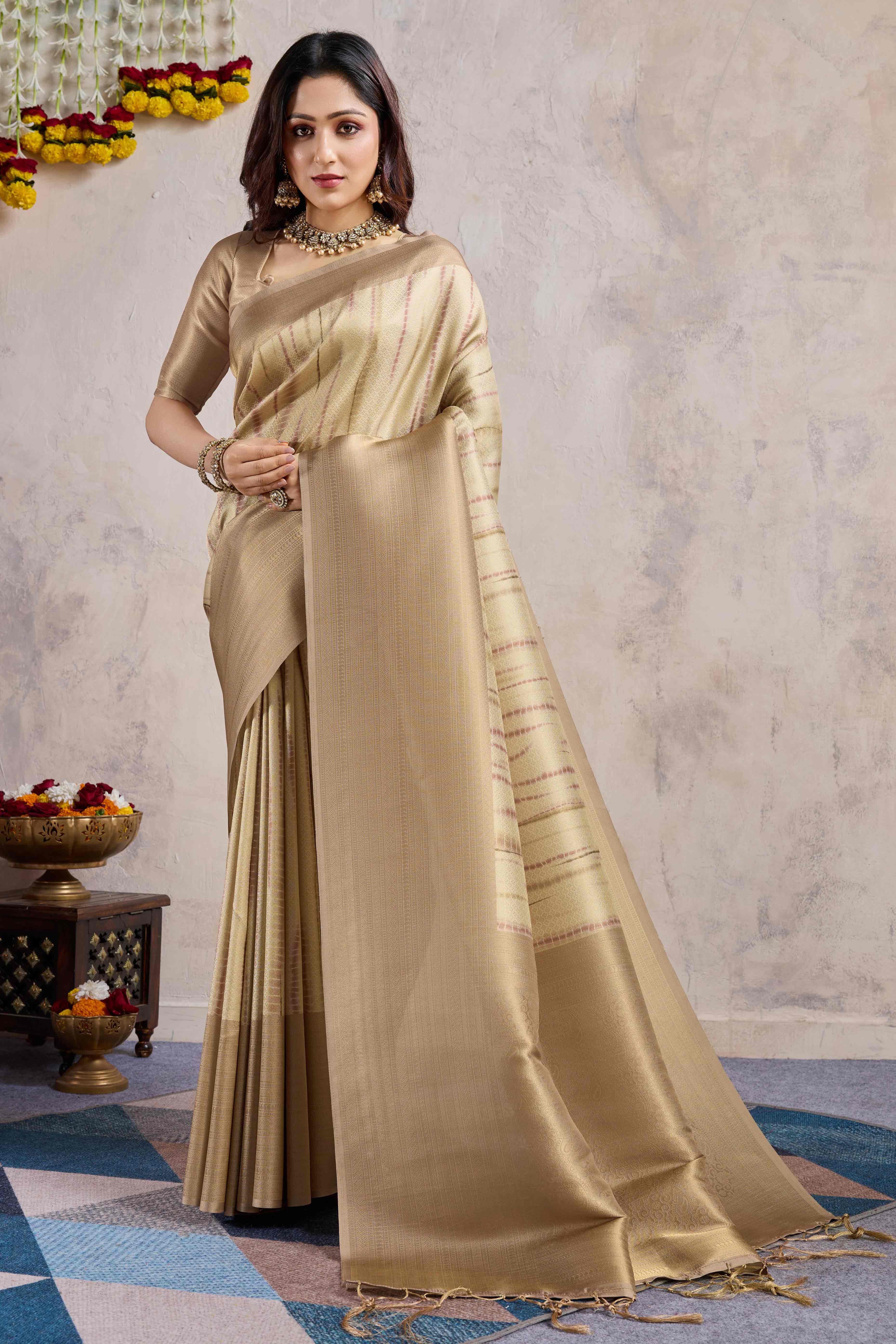 Peachmode Chikoo Woven With Digital Printed Banarasi Silk Saree - view 3