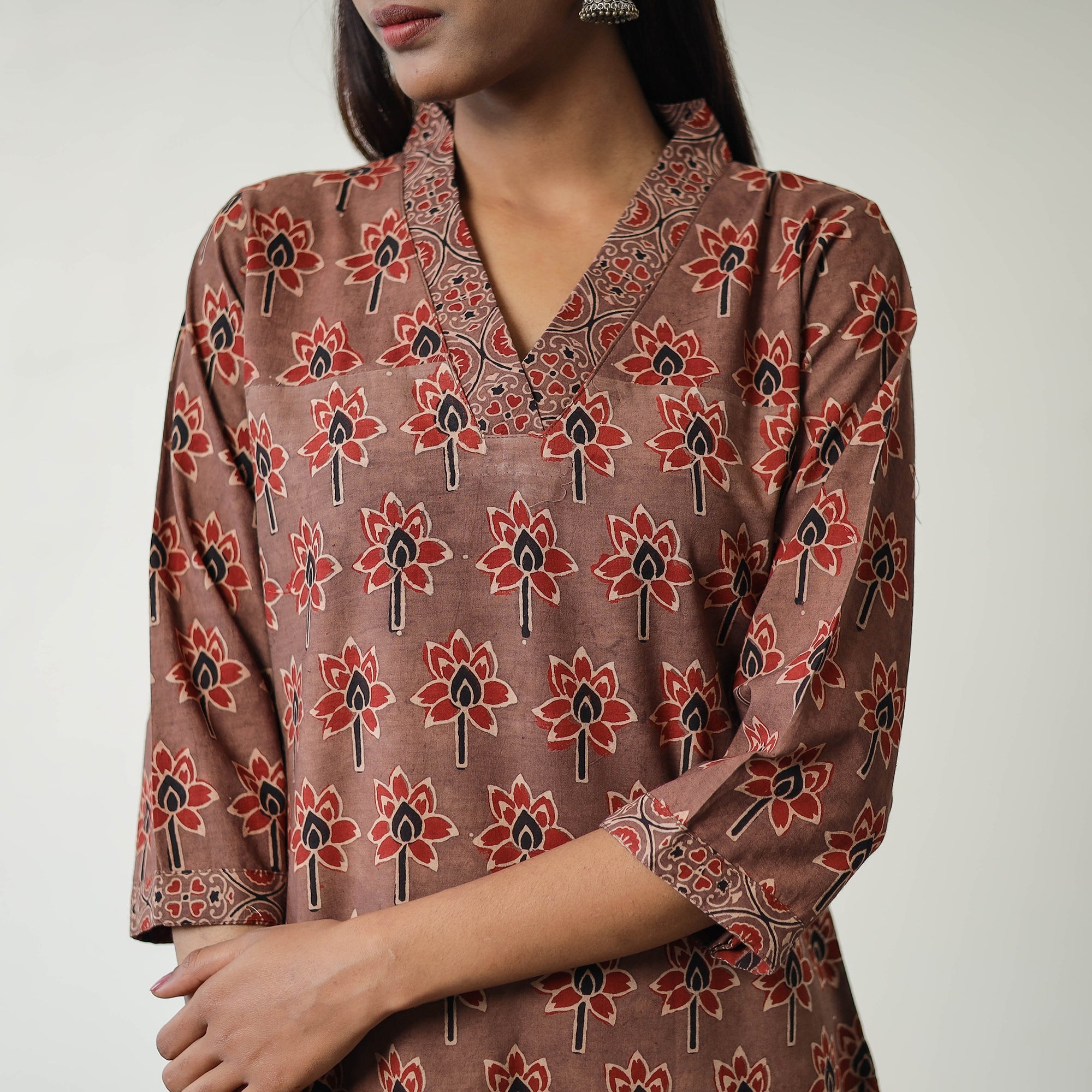 ITOKRI CASUALS Brown - Block Printed Cotton Straight Ajrakh Kurta 16 - view 6