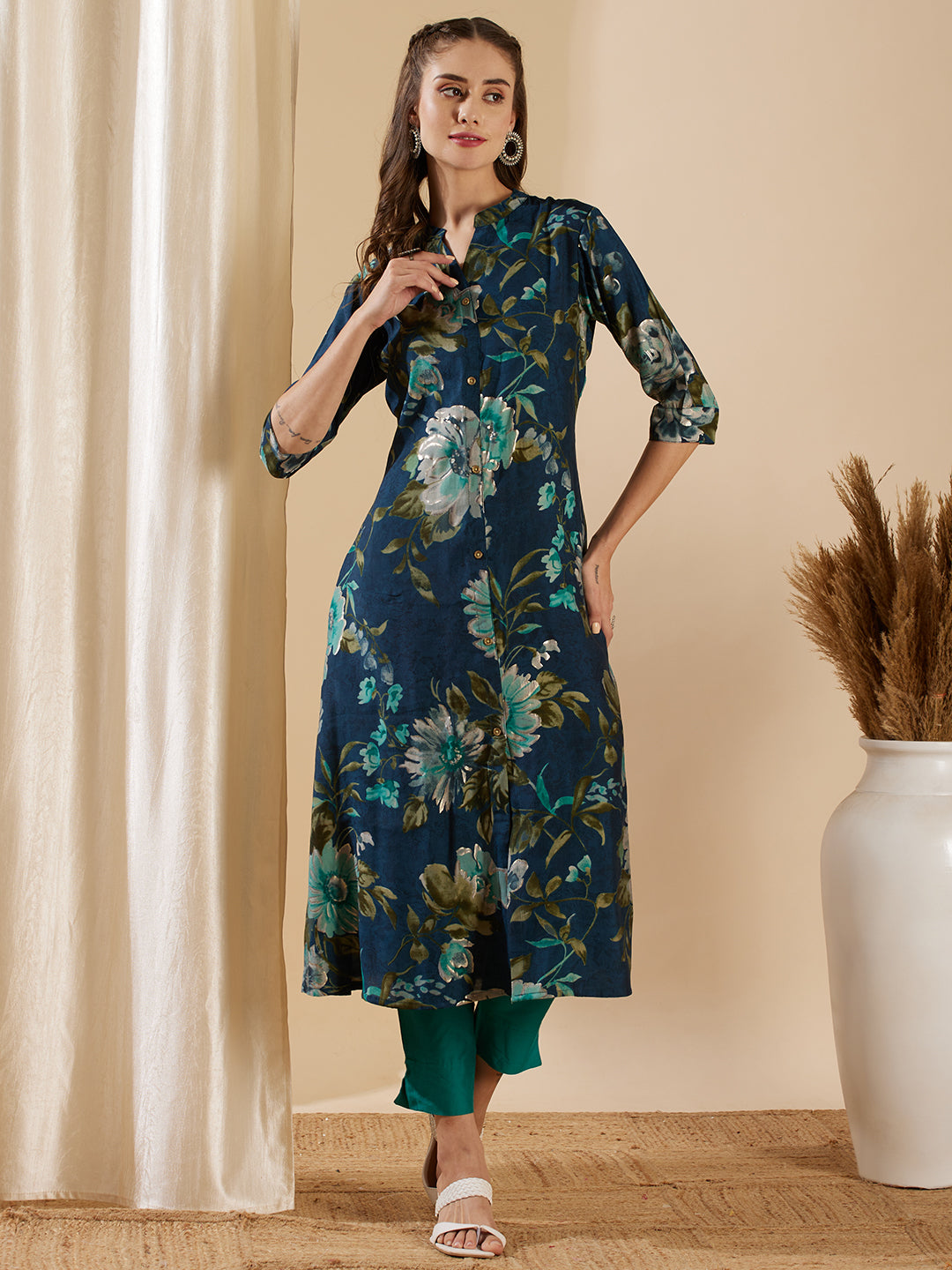 Fashor Floral Foil Printed A-Line Flared Kurta - Teal Blue