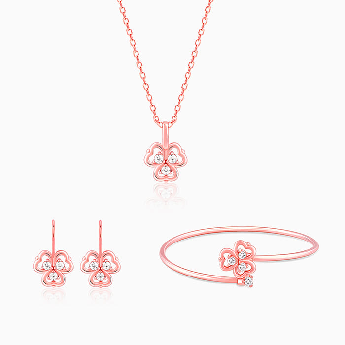 GIVA Jewellery Rose Gold Three Leaf Clover Elegant Set