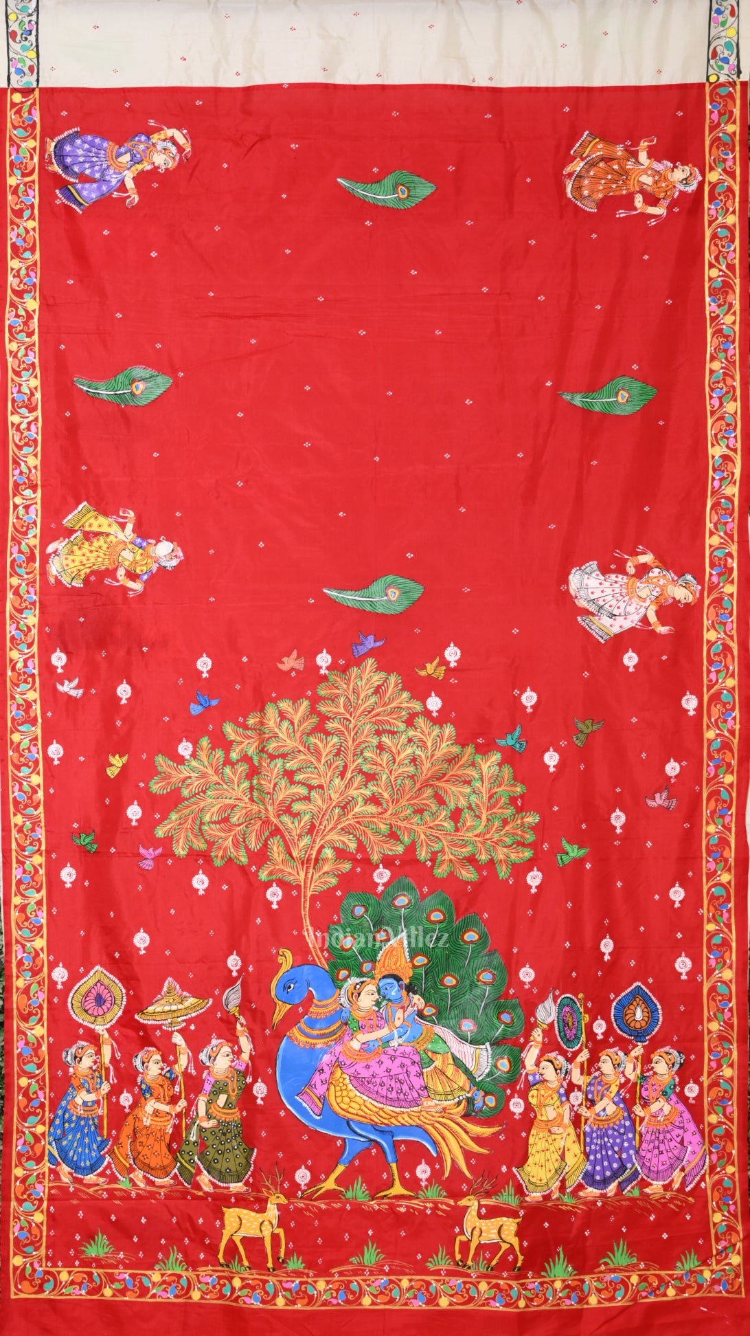 IndianVillèz Red White Radha Krishna Peacock Design Hand-Painted Pattachitra Saree