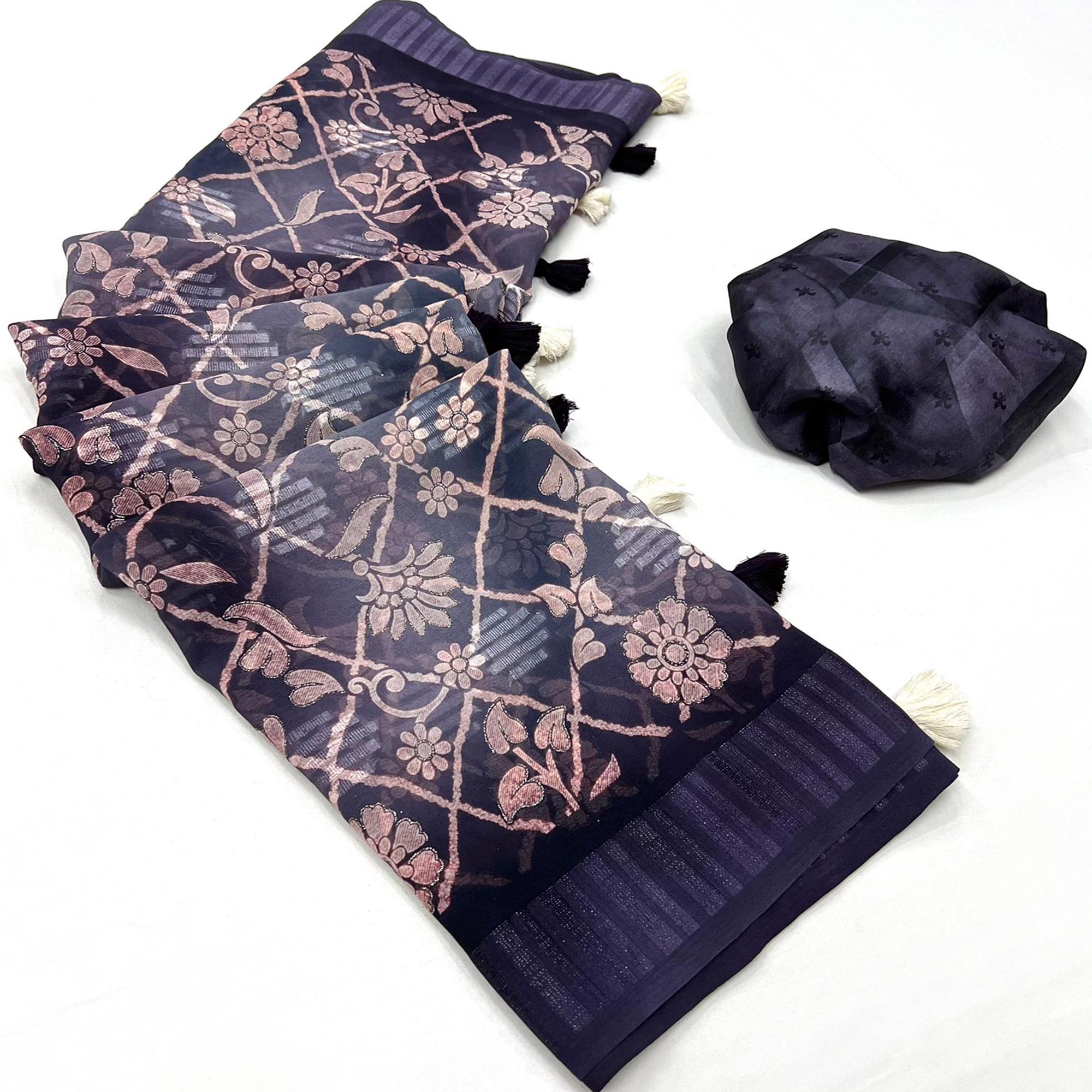 Peachmode Deep Purple Floral Foil Printed Georgette Saree With Tassels - view 3