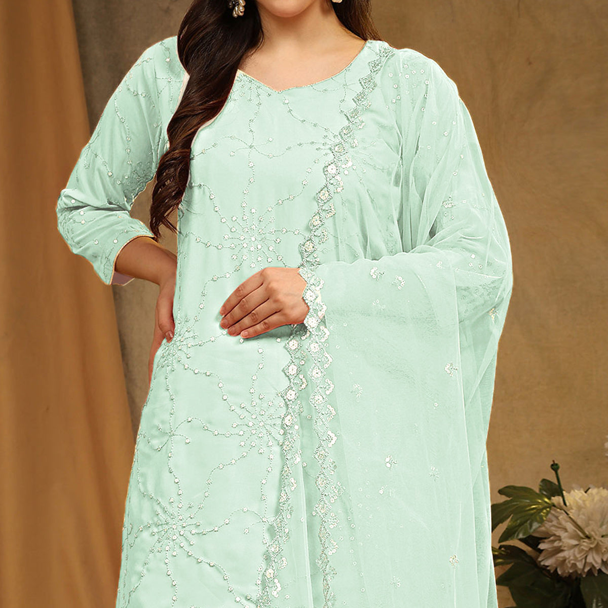 BlackTree green-embroidered-georgette-semi-stitched-sharara-suit-1 - view 3