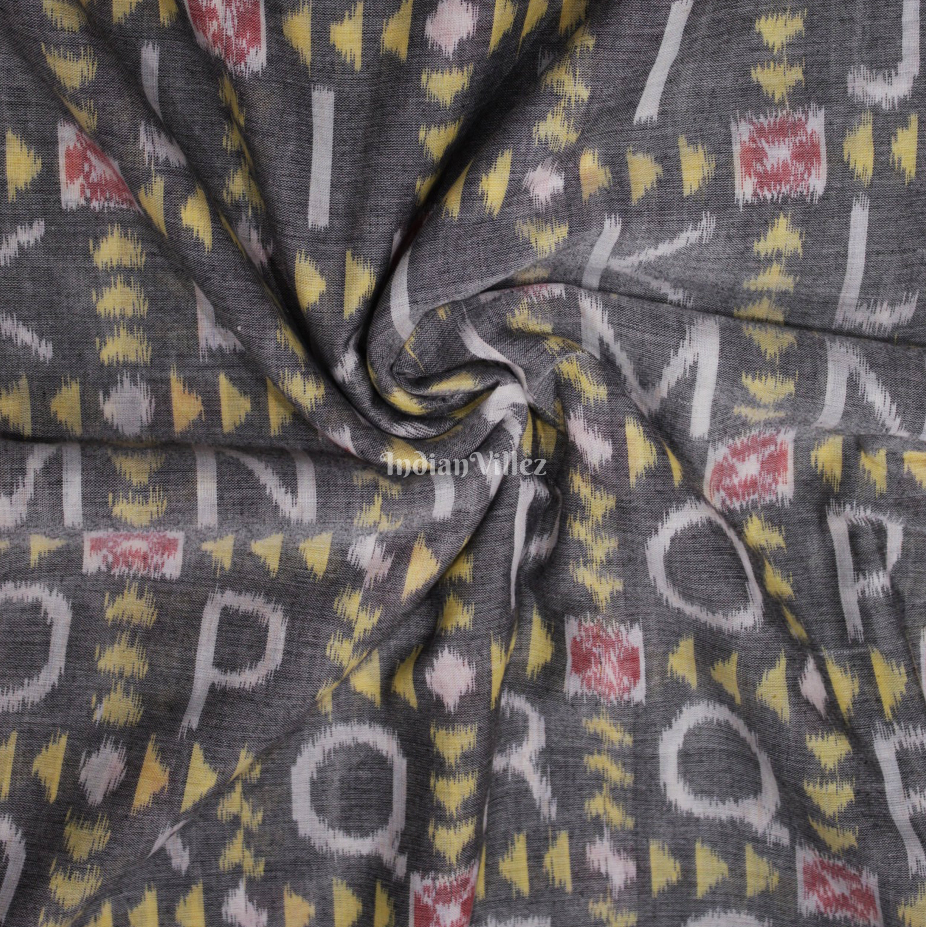 IndianVillèz Light Black With White English Letter Design Sambalpuri Ikat Cotton Fabric