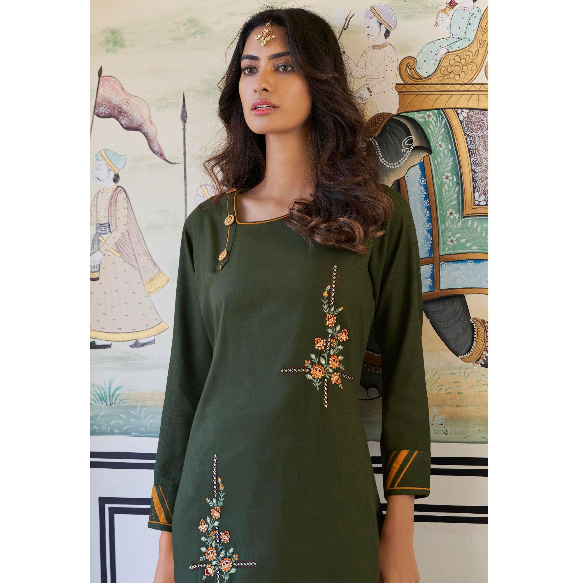 Peachmode Seller Dark Mehendi Green Casual Wear Embroidered Heavy Rayon Kurti - Palazzo Set - view 5