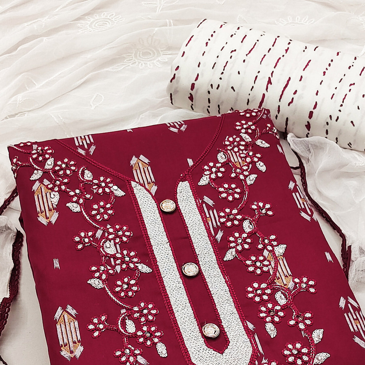 Peachmode Maroon Printed With Embroidered Rayon Dress Material - view 2