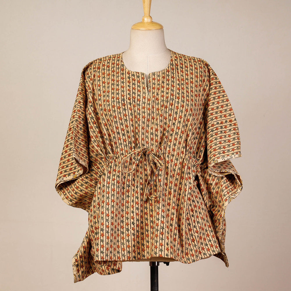 CHUTNEY CRAFT STUDIO Beige - Block Print Cotton Kalamkari Kaftan with Tie-Up Waist (Short)