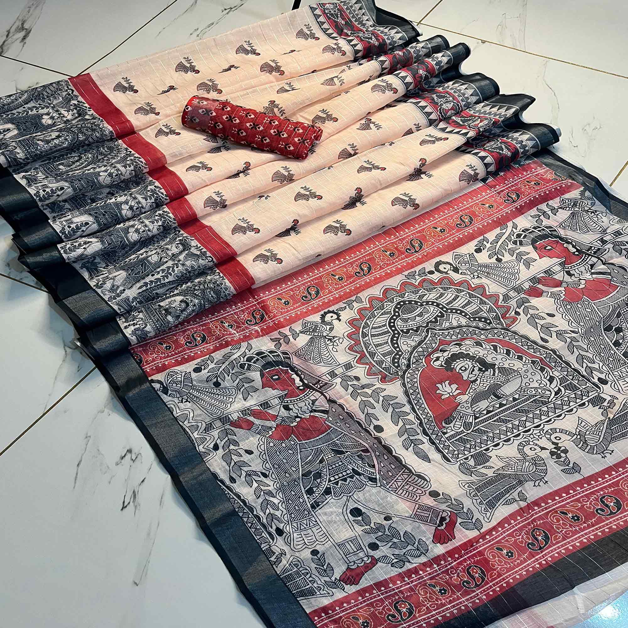 Peachmode Cream Digital Printed Linen Saree – Women's