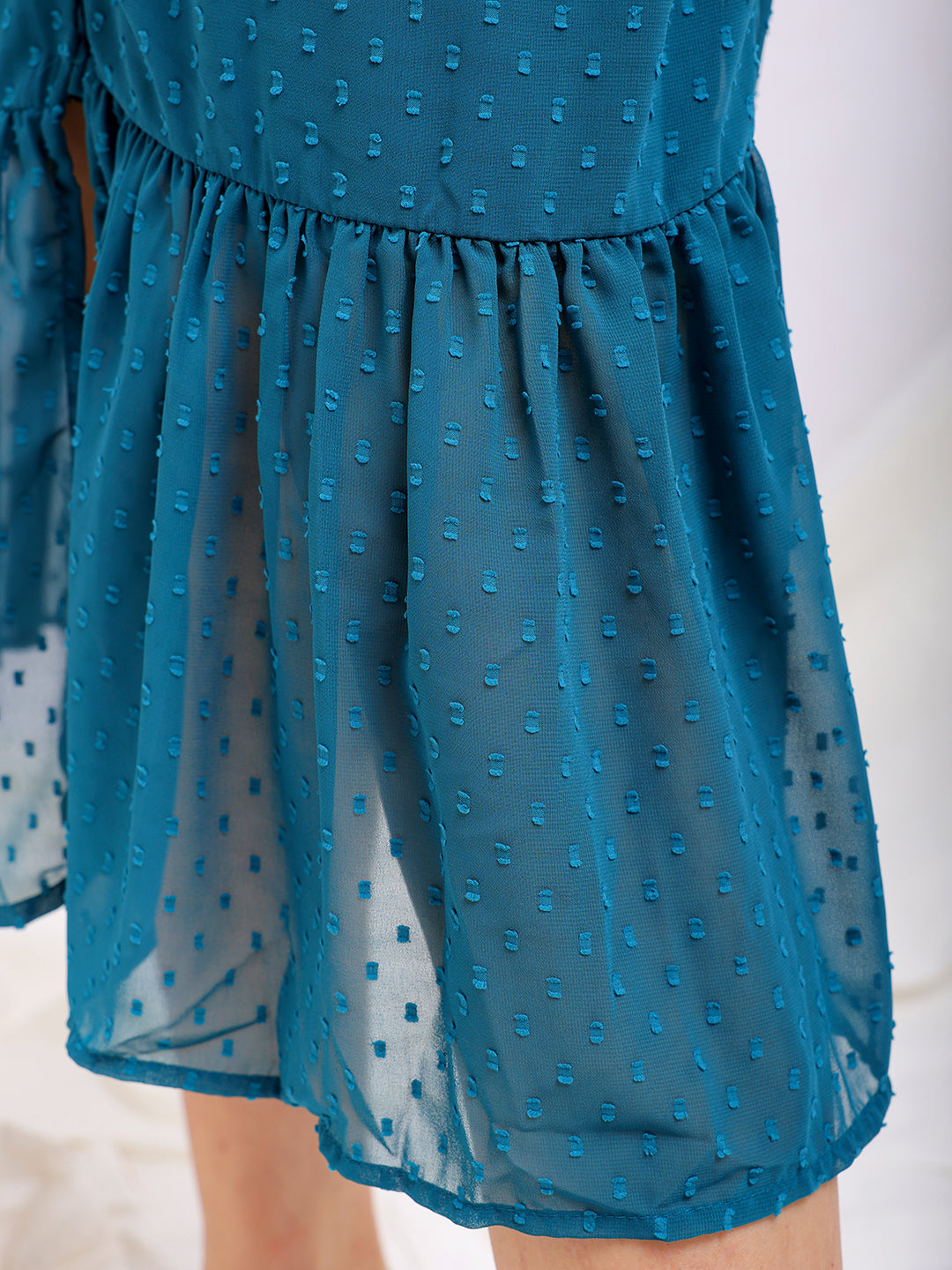 Freehand by The Indian Garage Co Women's Teal Fit and Flare Textured V neck Tiered Dress - view 11