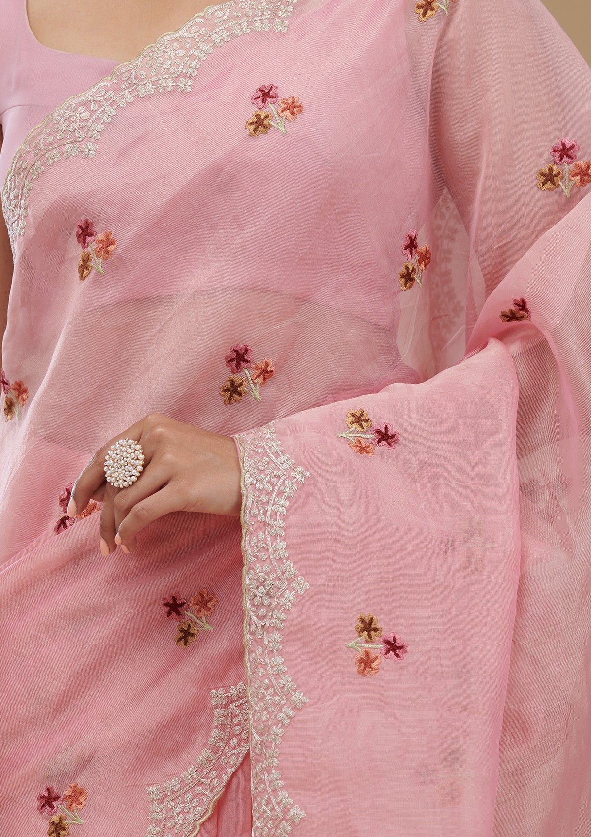 Koskii Pink Threadwork Tissue Saree – Women's - view 7