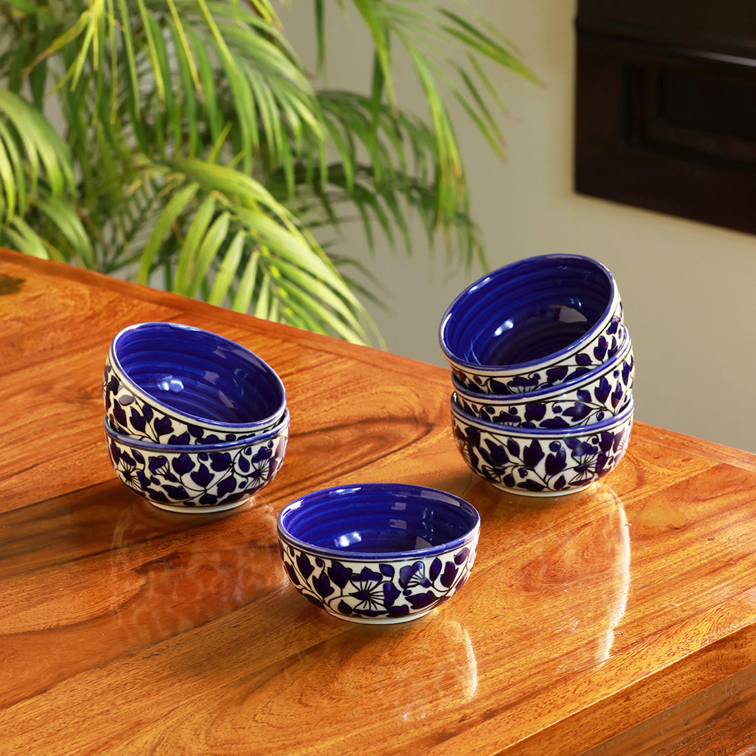 EXCLUSIVELANE 'Badamwari Bagheecha-2' Handpainted Ceramic Dinner Bowls/Katoris (Set of 6, 220 ML, Microwave Safe)