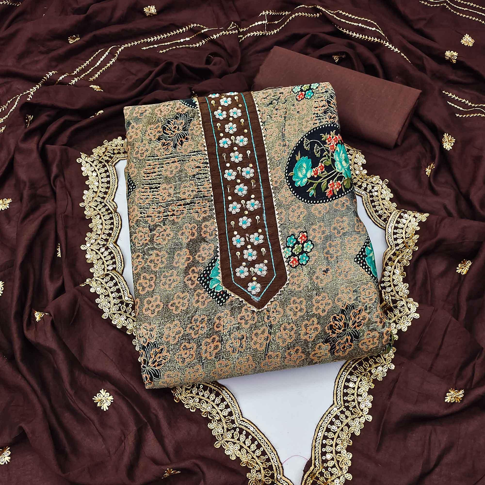 Peachmode Coffee Floral Printed With Embellished Pure Cotton Dress Material