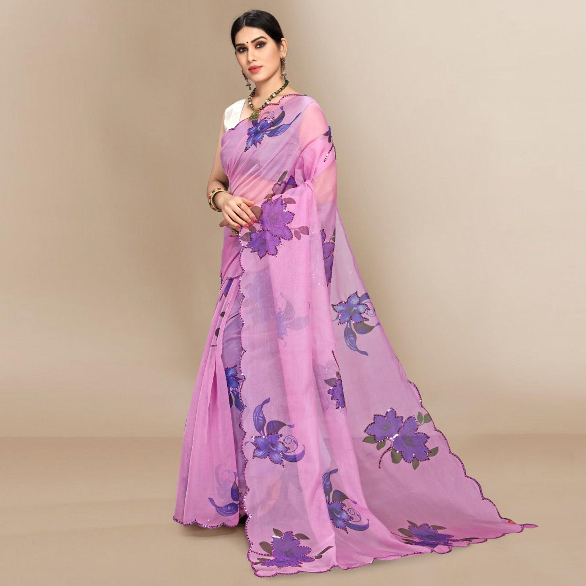 Peachmode Light Pink Partywear Sequins & Printed Organza Saree