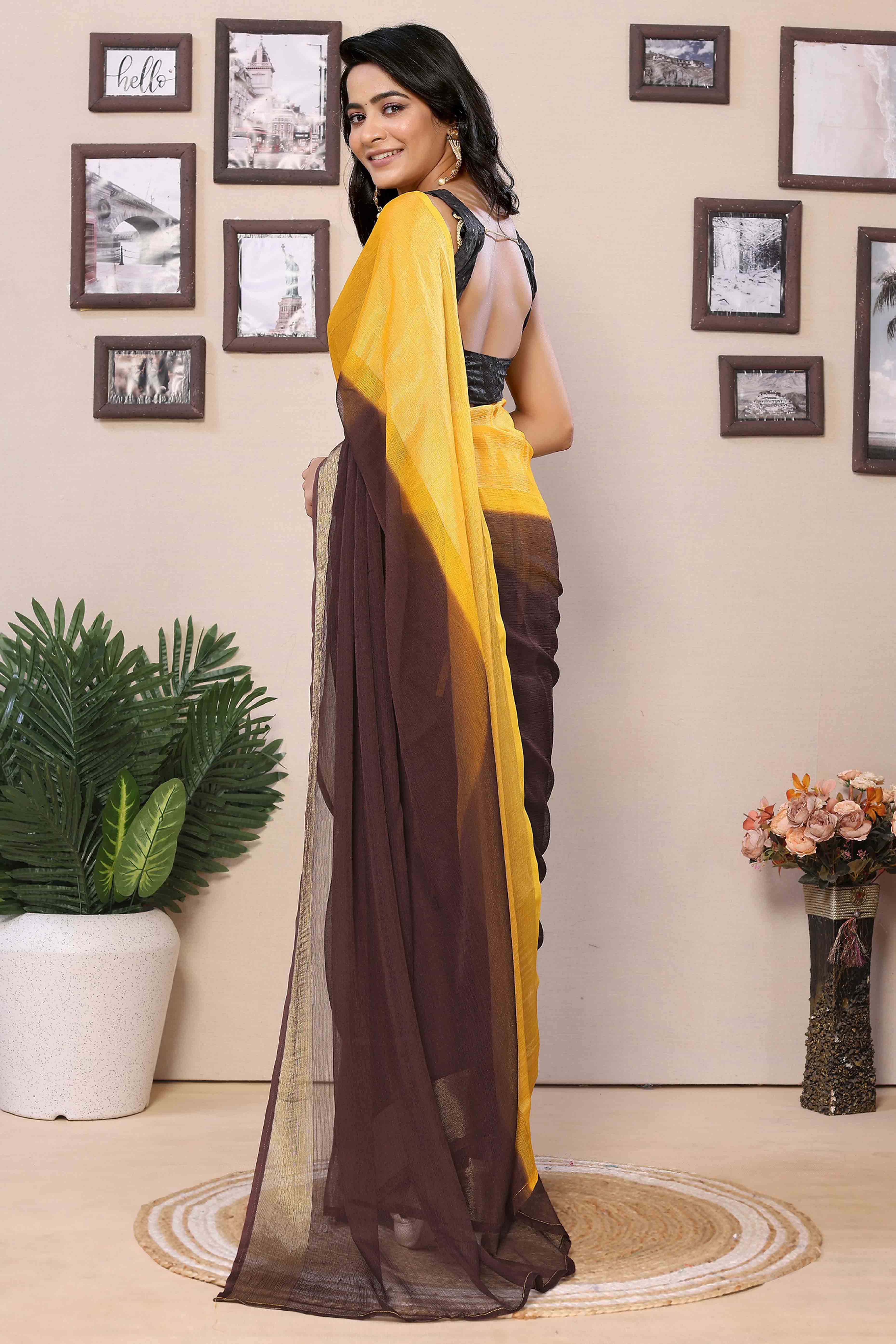 Peachmode Seller Brown & Yellow Solid With Zari Woven Border Chiffon Ready To Wear Ombre Saree - view 3