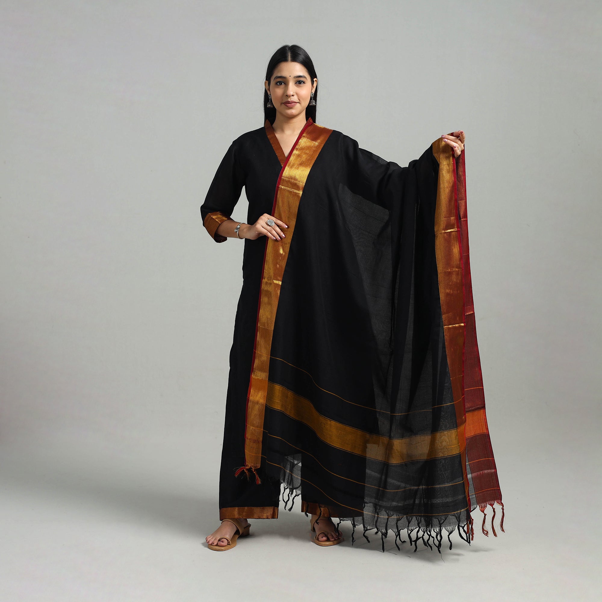 ITOKRI CASUALS Black - Cotton Dharwad Kurta Set with Palazzo & Dupatta 07
