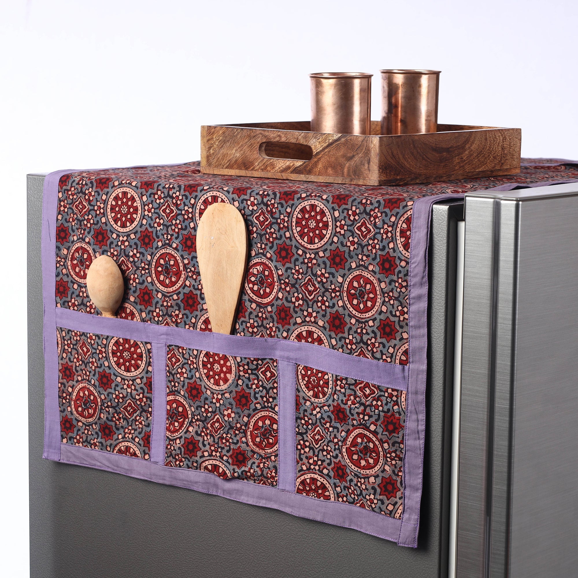 JALPARI Ajrakh Block Printed Cotton Fridge Top Cover with Multiple Pockets