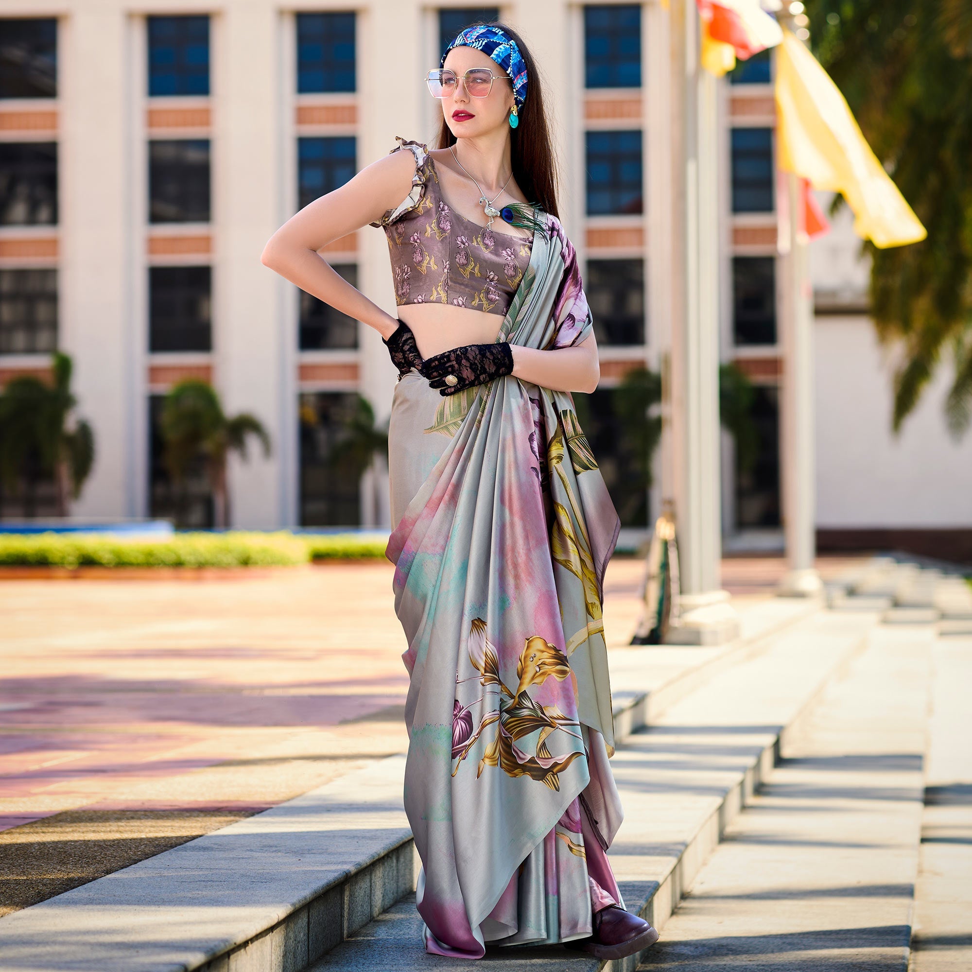 BlackTree grey-floral-digital-printed-pure-satin-saree - view 4