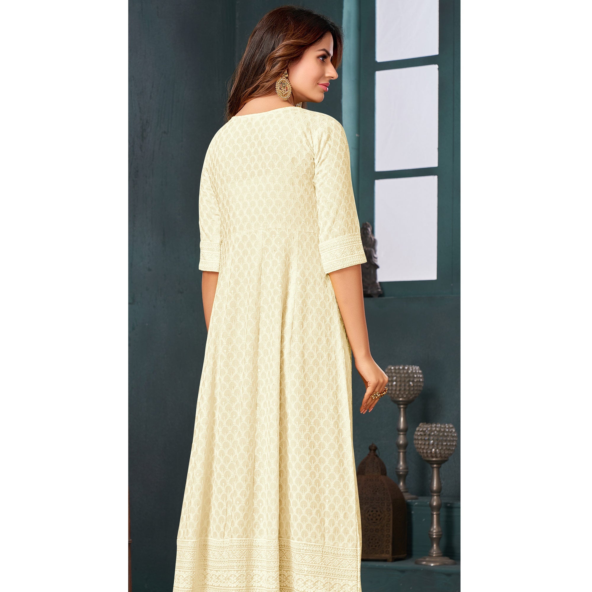 Peachmode Seller Cream Chikankari Work Aanarkali Style Rayon Kurti - view 5
