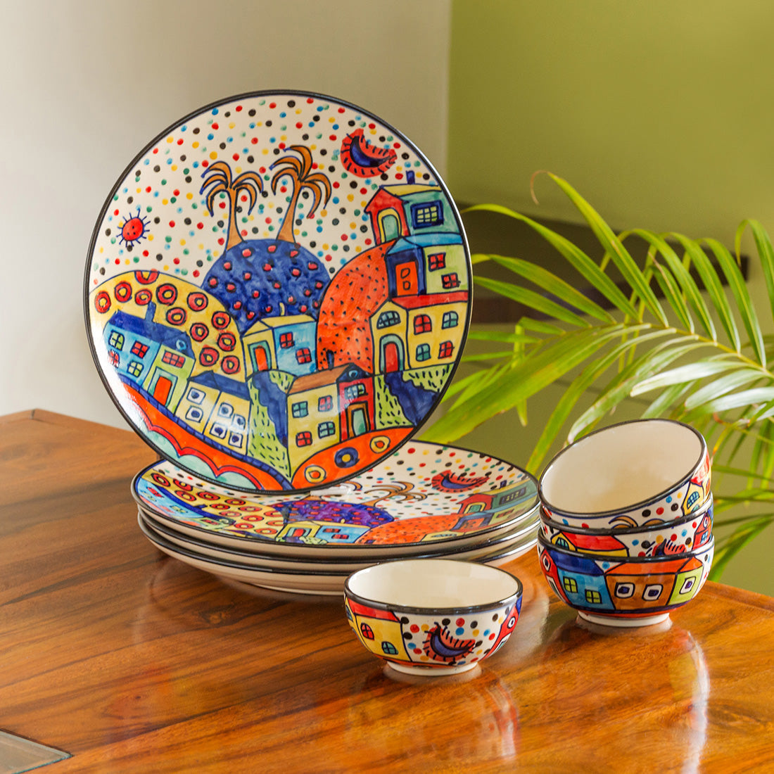 EXCLUSIVELANE 'Hut Dining' Handpainted Ceramic Dinner Plates With Katoris (8 Pieces, Serving for 4)