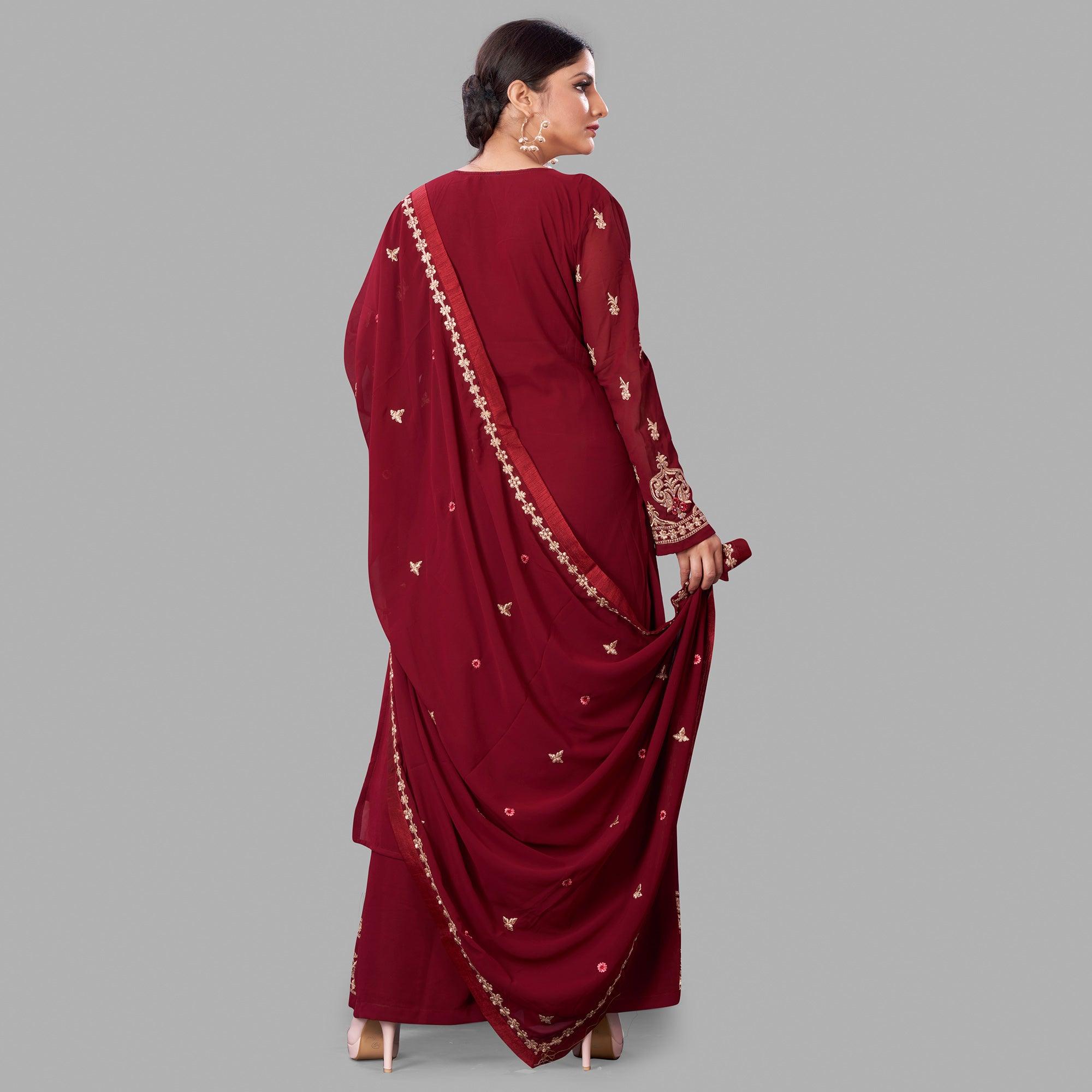Peachmode Seller Maroon Semi Party Wear Embroidered Heavy Georgette Palazzo Suit - view 2