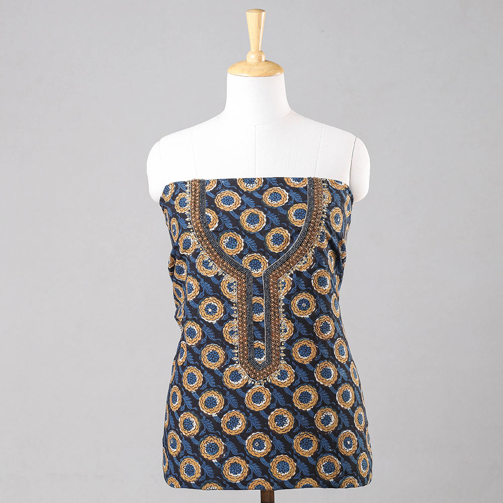 NOORI BAZAR Blue - Embroidery Bagru Block Printing Cotton Kurta Material - 2.5 meter