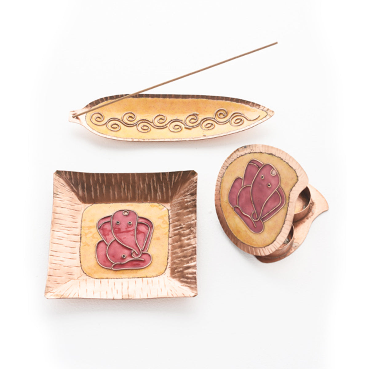 Ganesha plate kumkum – A Ganesha Plate, Kumkum and Agarbatti Holder Set in Copper Enamel by Ekibeki - Yellow