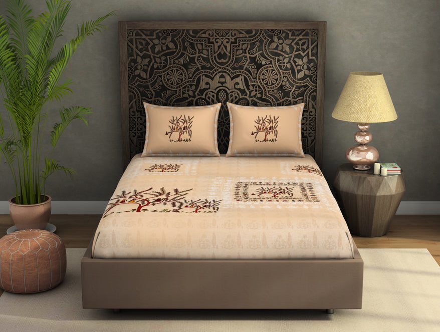 Spaces India Floral Creme Brulee - Beige 100% Cotton King Size Bedsheet - Chamba Rumal - Rangana By Spaces