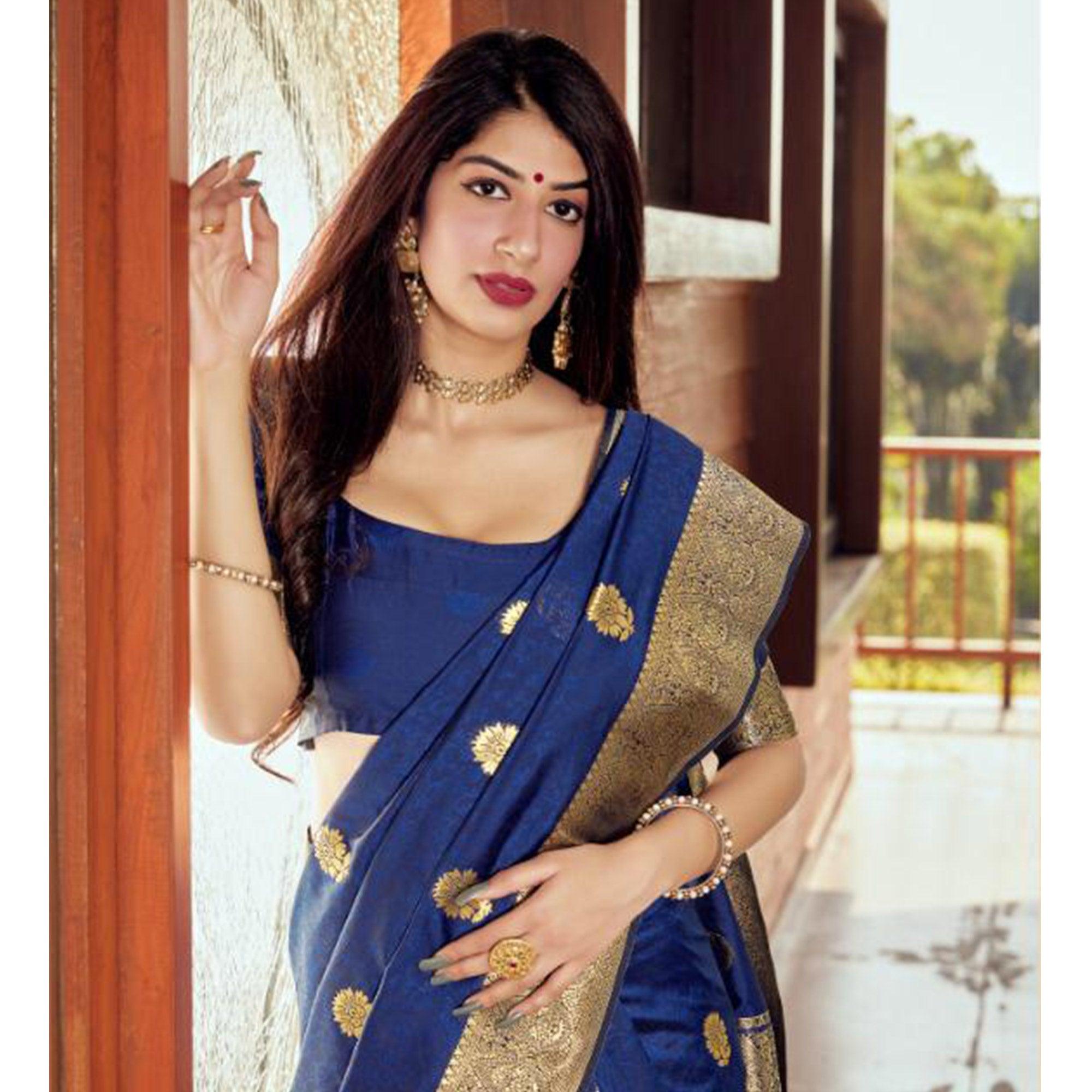 Peachmode Jazzy Navy Blue Coloured Partywear Woven Silk Saree - view 3