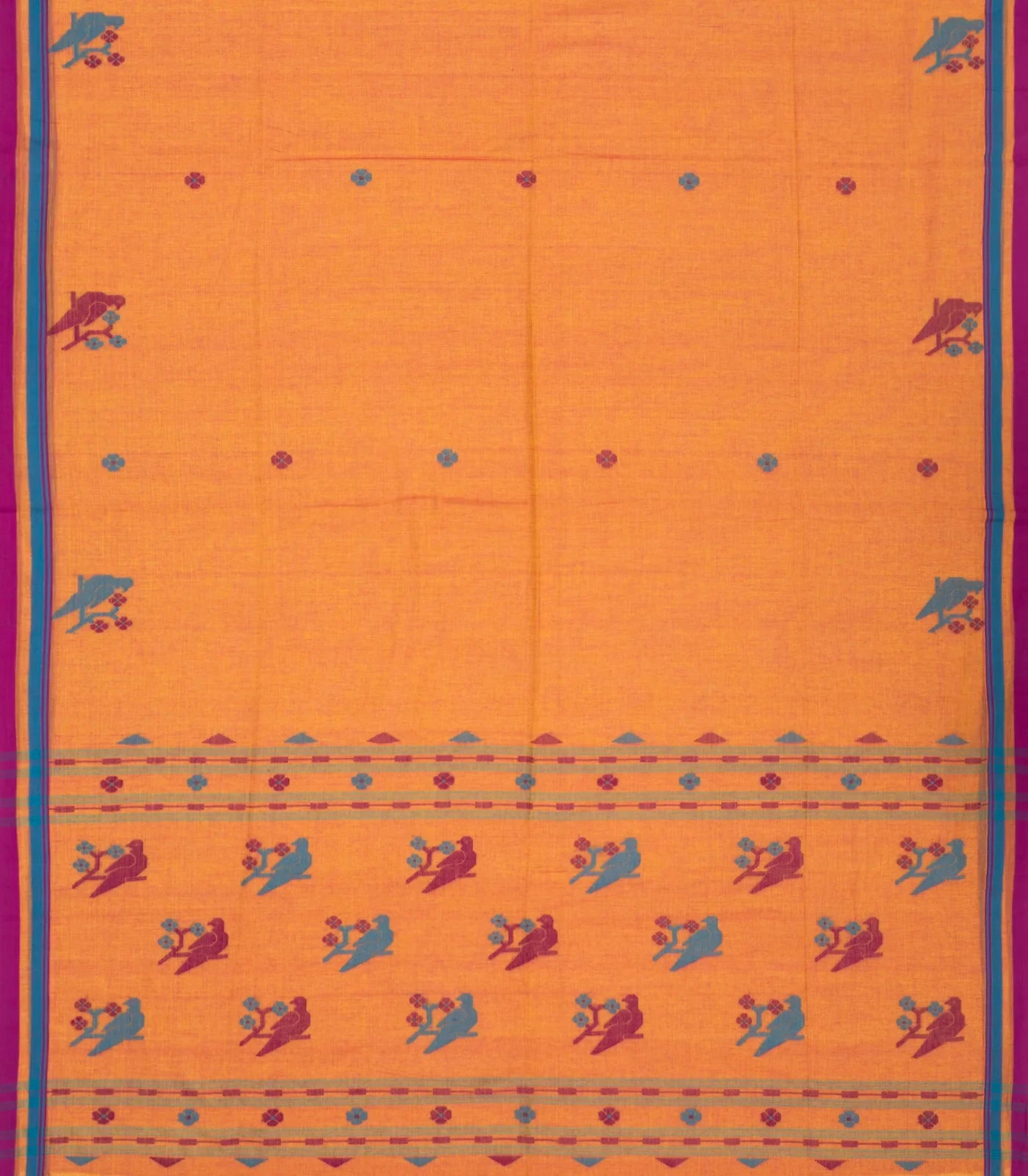 RmKV Orange Handloom Bengal Cotton Saree With Bird Motifs - view 2